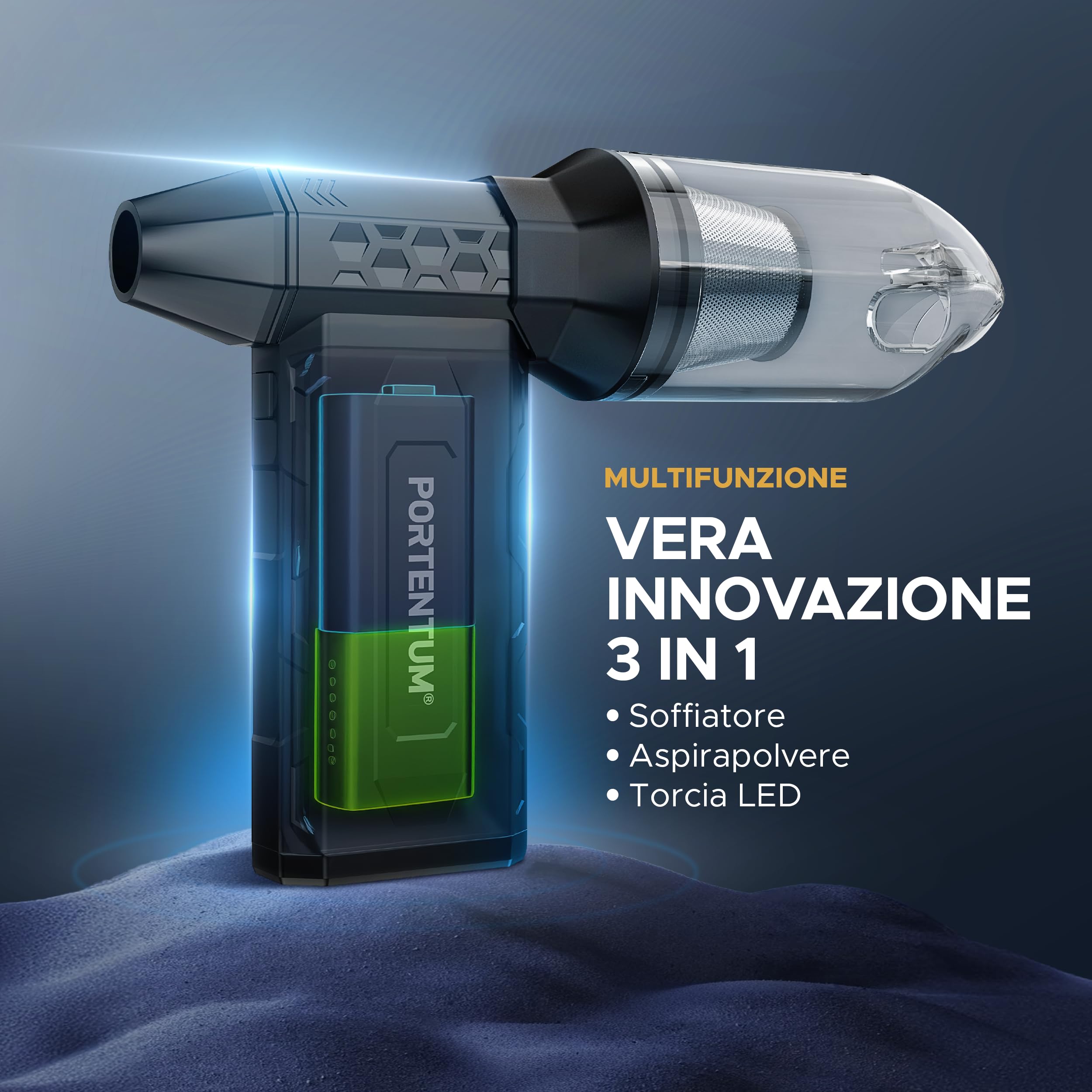 PORTENTUM 3 in 1 Aria compressa elettrico 180 km/h – Aspirapolvere auto 25 kPa – Torcia LED doppia – Set da 25 con 6 ugelli e 13 spazzole – Soffiatore a batteria fino a 115 min