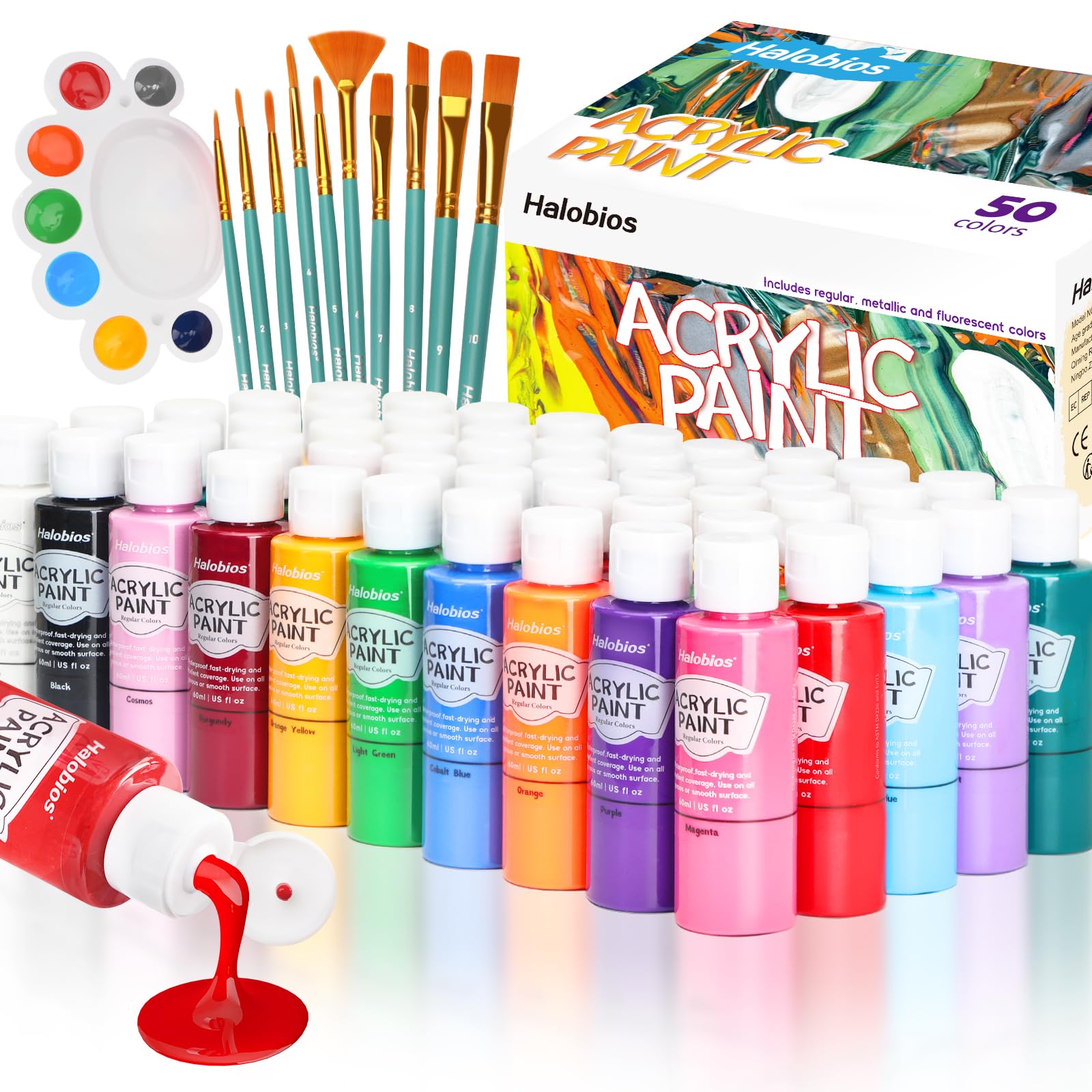 Acrylic Paint Set 50 Colors(2 fl oz/60 ml), Premium Acrylic Paints for Kids & Adults, With Fluorescent Colors & Metallic Colors for Painting, Drawing & Art Supplies, DIY Arts and Crafts