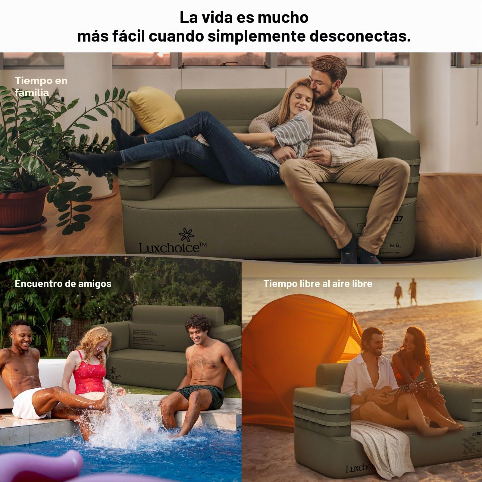 Luxchoice Sofá Hinchable Camping 2 Plaza con Bomba Portátil USB | Bomba Desmontable, Cama doble, Tejido Oxford 1000D, Capacidad de carga máxima 400 kg, Para Acampadas y Cenas Familiares