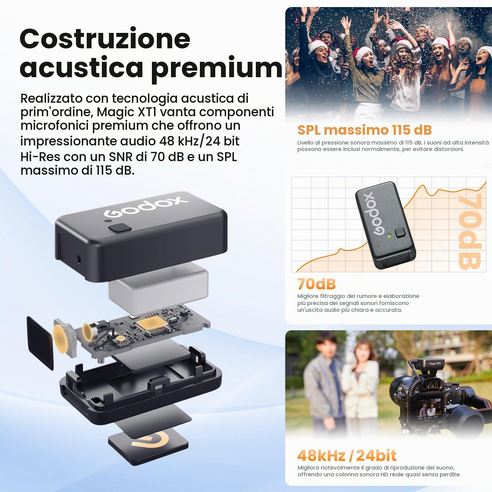 GODOX Magic XT1 Microfono lavalier wireless per fotocamera,Android,iPhone15,PC,ricevitore touchscreen,cancellazione del rumore,sistema microfono wireless 2.4G con portata di 200 m (656 piedi)