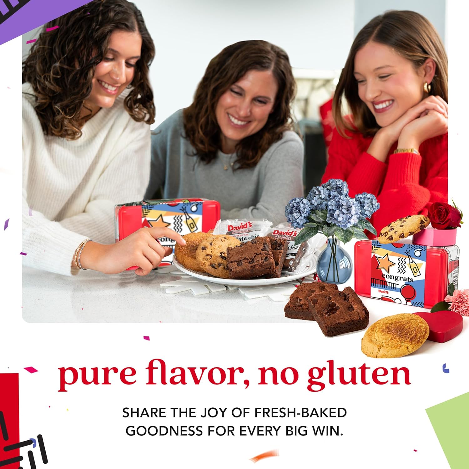 David’s Cookies Congratulations Gluten-Free Cookies and Brownies Gift Sampler Tin – Fresh Baked Chocolate Chip Cookies and Fudgy Brownies – Gourmet Bakery Dessert Gift for Celebrations & All Occasions