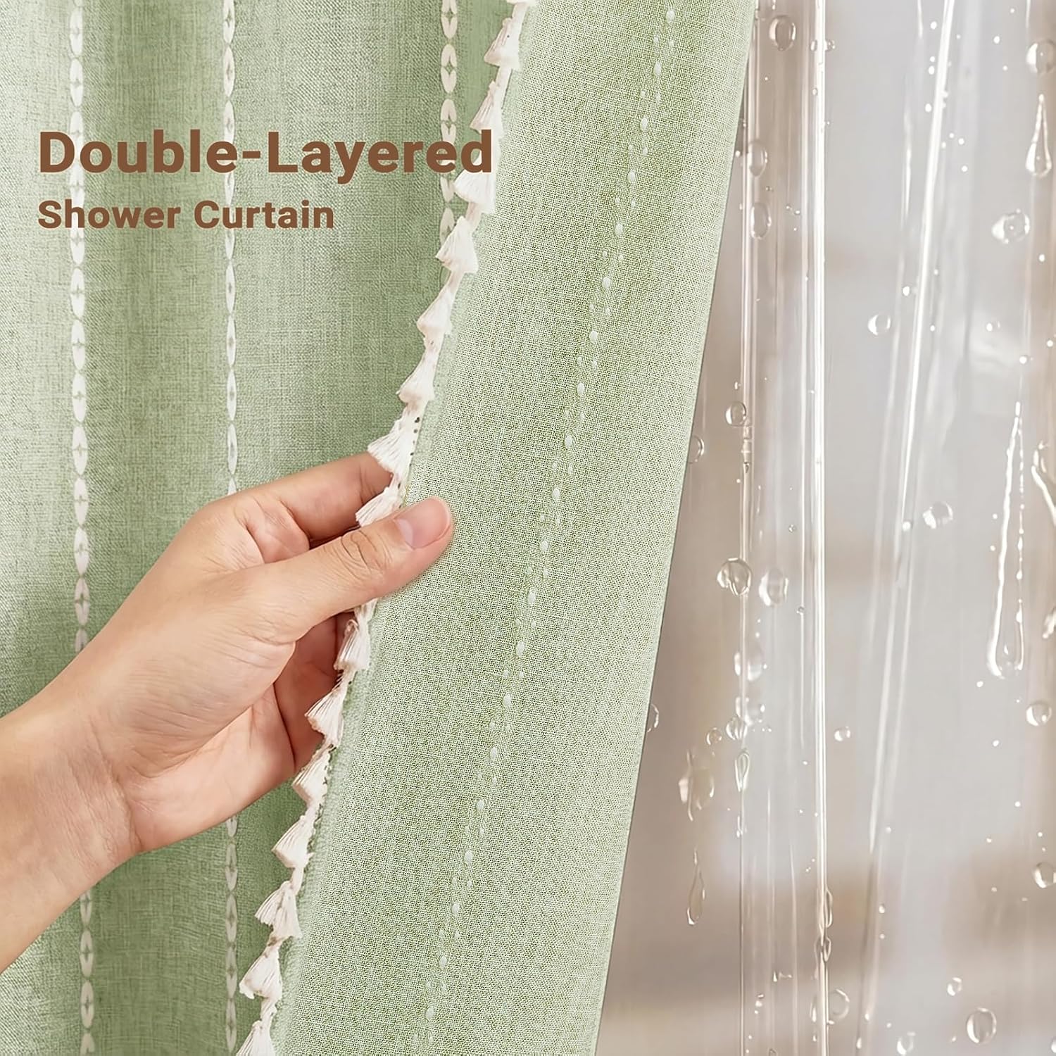 BTTN 3 in 1 Sage Green Boho Linen Striped Shower Curtain with Liner, 72x72 image 2