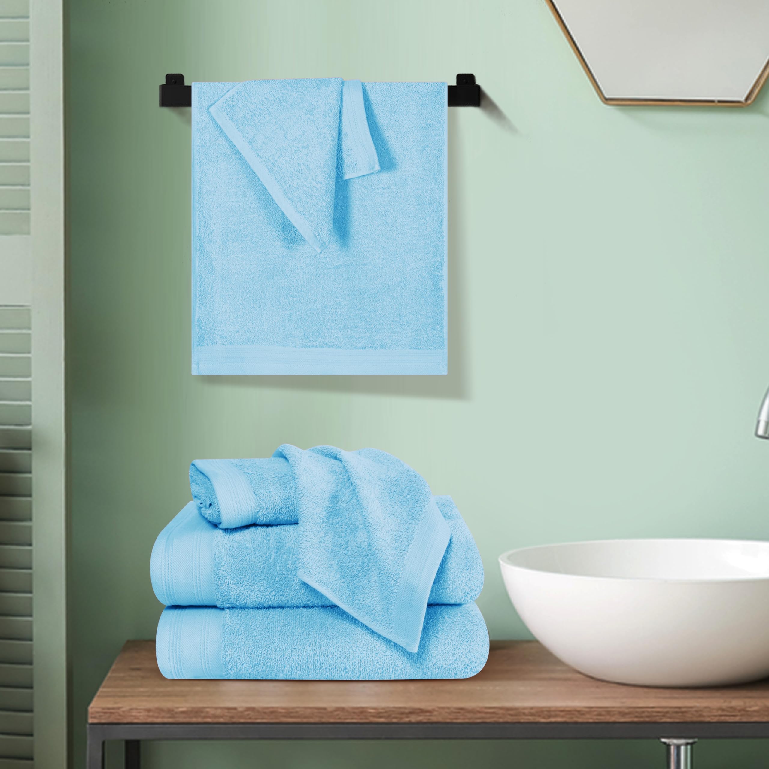 MALLONI Home Ultra weiches 6er-Pack Baumwoll-Handtuch-Set, enthält 2 übergroße Badetücher 70 x 140 cm, 2 Handtücher 40 x 60 cm und 2 Waschbetten 30 x 30 cm, Himmelblau