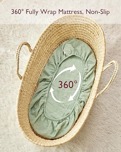 Miniatura 5 de Momcozy Juego de 2 sábanas ajustables de muselina, de algodón natural suave y transpirable de 32 x 16 pulgadas, envoltura de colchón de 360,