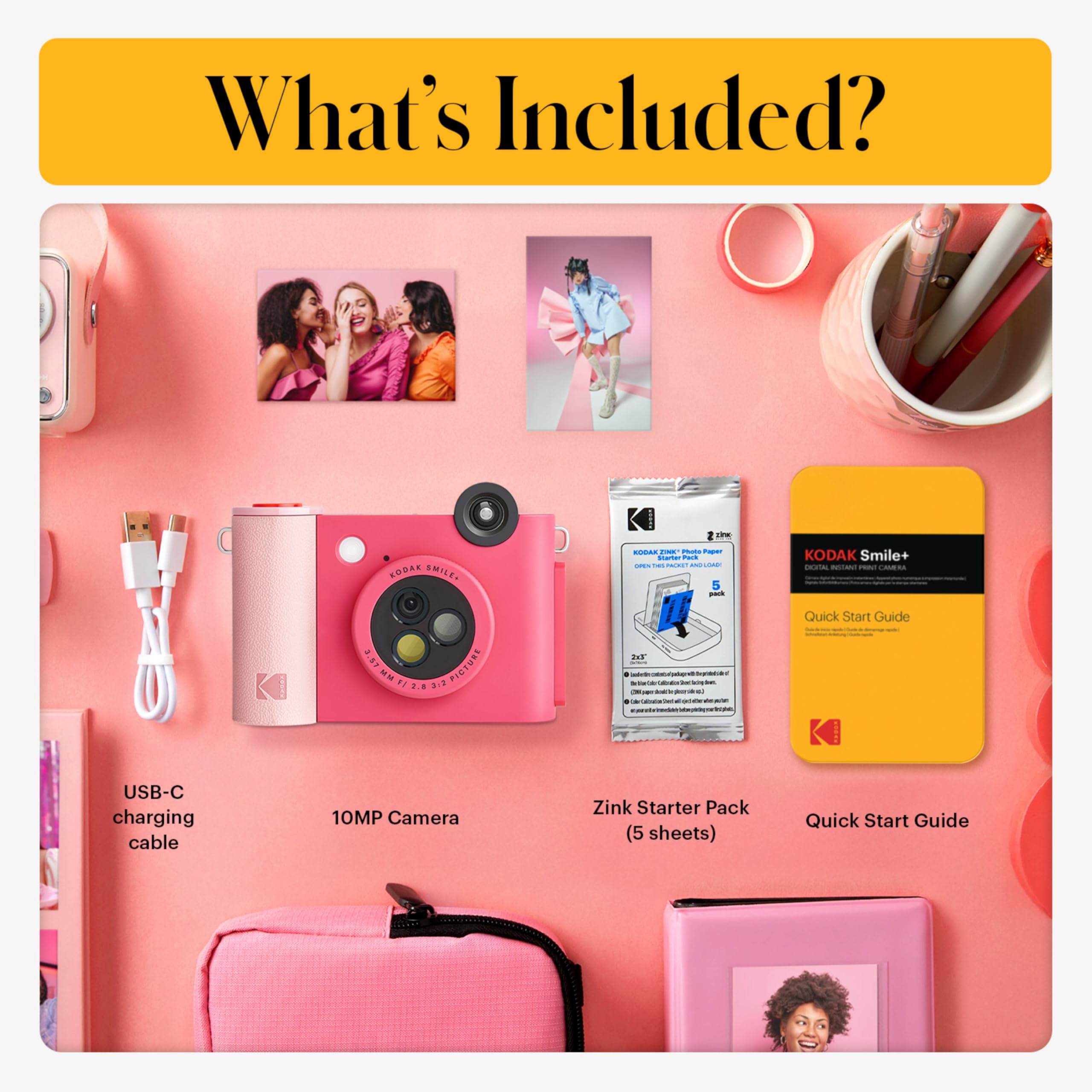 KODAK Smile+ 2-in-1 Digitale Sofortbildkamera & Bluetooth Fotodrucker Starterpaket + Weiche Tasche + Zink 20 Blatt - Fuchsia