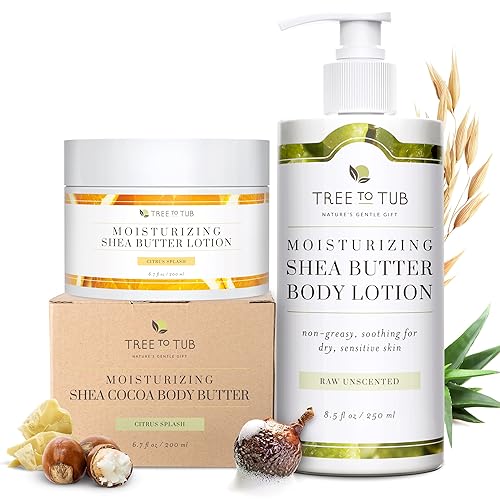 Tree to Tub Loción corporal de manteca de karité sin perfume para piel seca - Loción para piel sensible sin fragancia para mujeres y hombres -