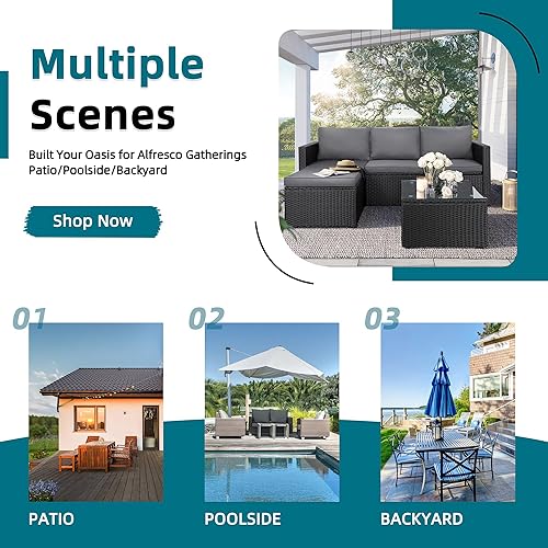 Miniatura 6 de SUNLEI Sofá seccional de patio de 3 piezas, juego de muebles de patio con cojines suaves desmontables, juego de sofá de conversación de ratán de