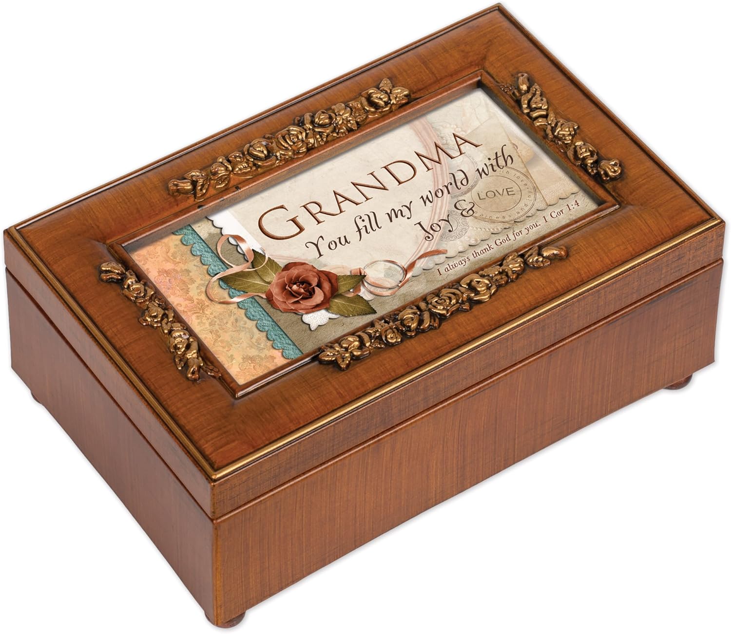 Cottage Garden Grandma Fill My World with Love Woodgrain Embossed Jewelry Music Box Plays How Great Thou Art