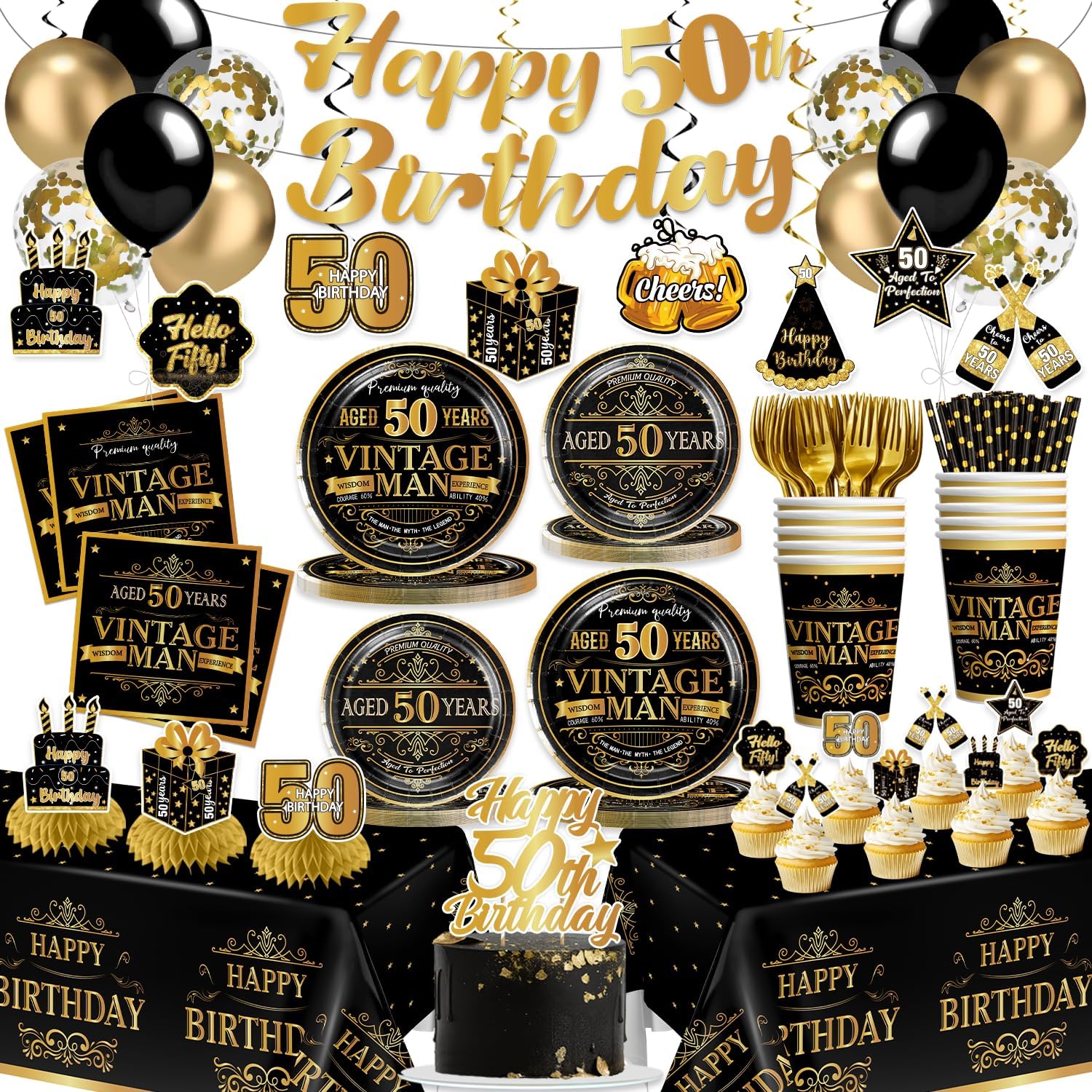206pcs Black and Gold 50th Birthday Decorations for Him Complete Party Set, for 25 Guests, Disposable Happy 50th Plates, Napkins, Pre-strung Banner to 50 th Birthday Decorations for Men
