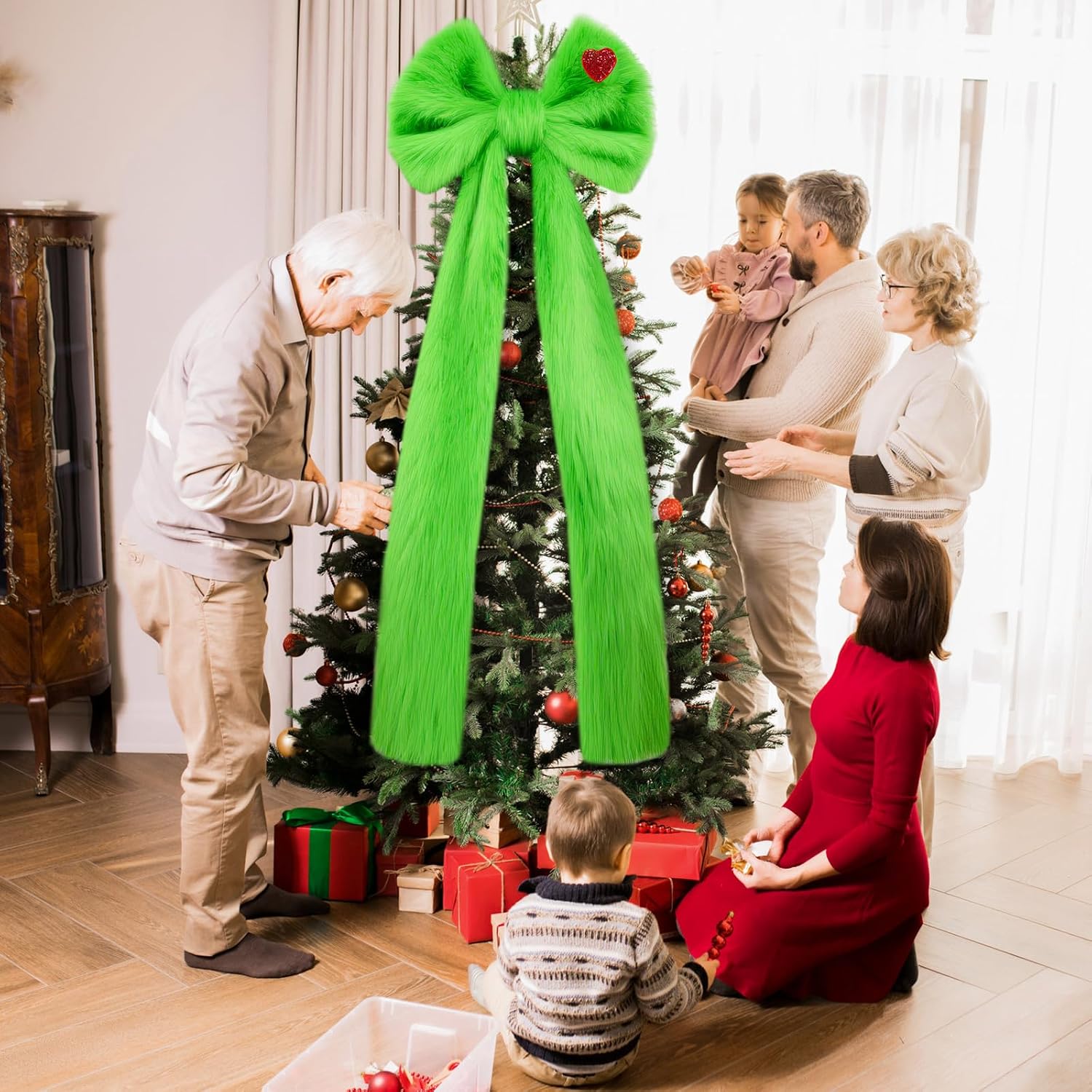 Janinka 70.9 x 19.7 Inches Extra Large Green Christmas Tree Topper Bow Plush Faux Fur Tree Decoration Giant Huge Christmas Fluffy Decorative Bows with Long Streamers for Front Door Patio Outdoor Decor