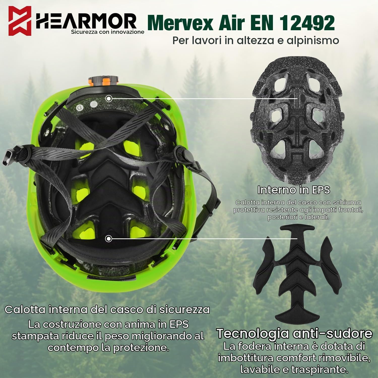 HEARMOR Mervex Forest Air - Casco di sicurezza in ABS per luoghi di lavoro aerei forestali, certificato EN12492, conforme alla norma EN397, resistente agli urti e alle penetrazioni, casco di sicurezza