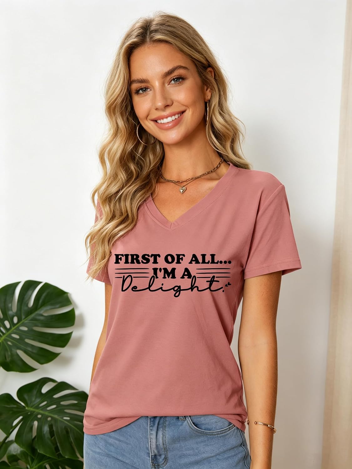 First of All I'm A Delight T-Shirt Womens Summer V Neck Short Sleeve Shirts Funny Letter Printed Graphic Tee Tops