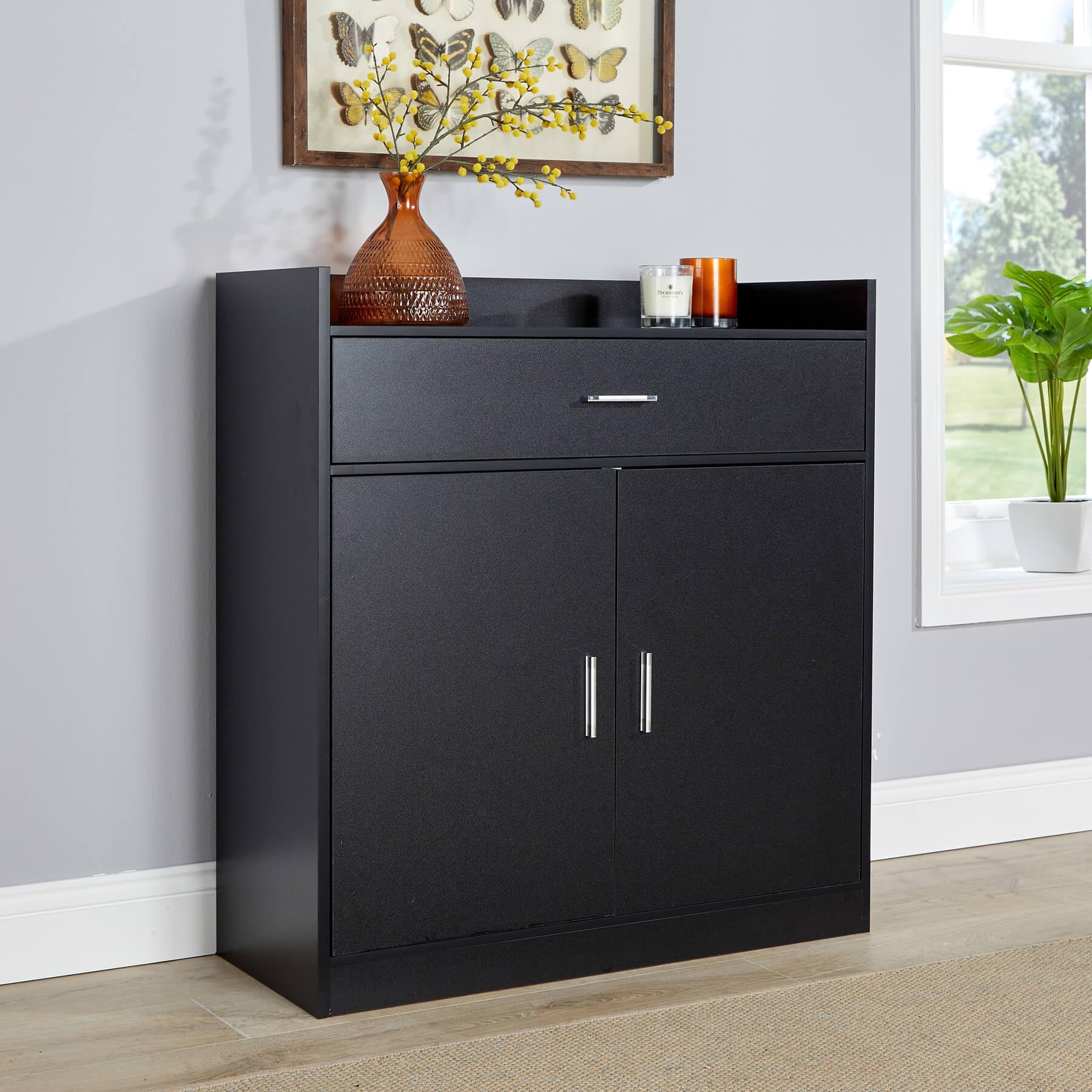 Home Source Shoe Cabinet, 2 Door 1 Drawer Storage, Compact Hallway Cupboard Organiser, Footwear Rack Stand, Wooden Sideboard, Black