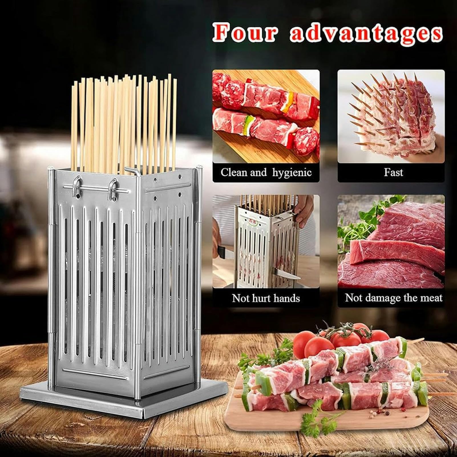Maszyna do szpikulca do mięsa ze stali nierdzewnej z 49 otworami, narzędzie do grillowania Kabob Maker Box, ze 100 patyczkami bambusowymi, regulowana wysokość, maszyna do grillowania mięsa wołowego