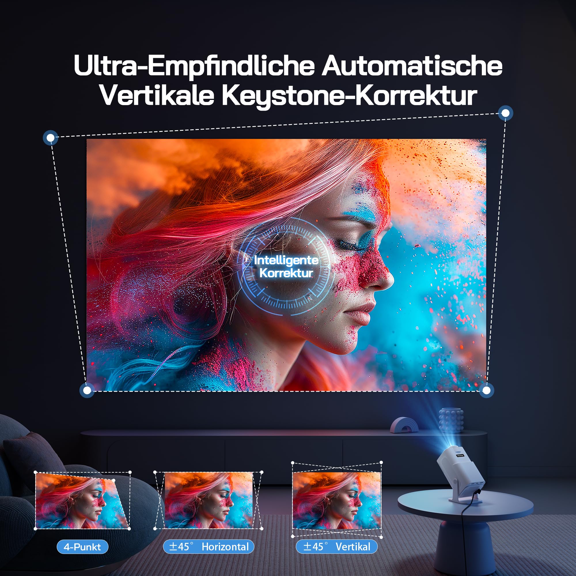 WOLFANG 4K Mini Beamer mit Offiziellem Netflix, 26000 Lumen WiFi 6 Smart Projektor mit 50% Zoom & Trapezkorrektur, 180° Drehbarer Heimkino Beamer Kompatibel mit TV Stick/iOS/Android/PC/PS5/HDMI/AV