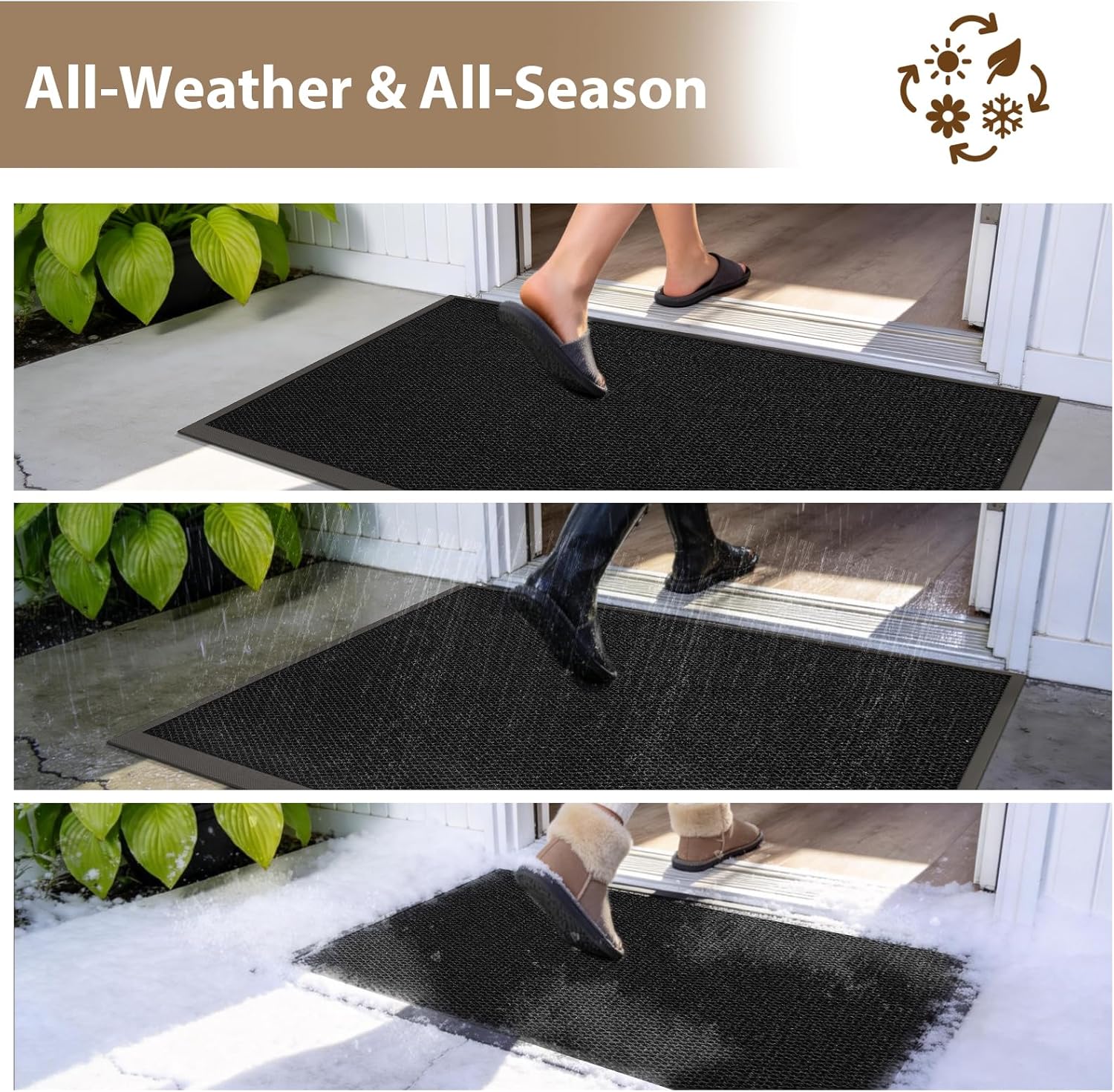 Front Door Mat Outside Entrance 17"x30" Black,Heavy-Duty Dirt Trapper Outside Welcome Mat, Non Slip Durable Rubber Entrance Doormats for Entryway Porch, Stain Resist Waterproof All-Season All-Weather