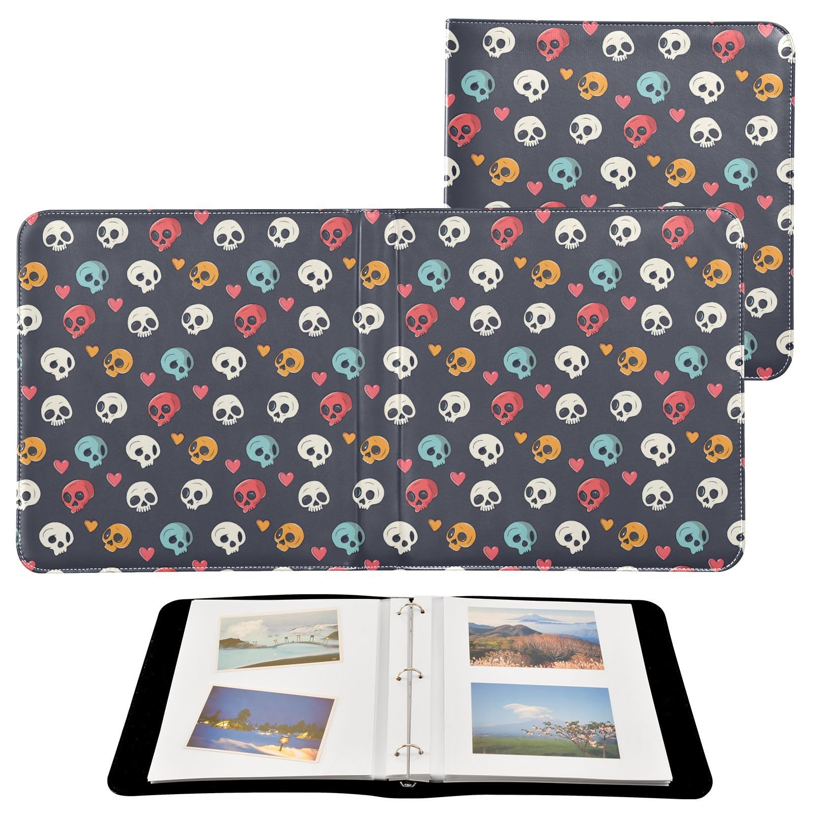 JIPONI Little Cute Color Skull Heads Large Photo Album, DIY Leather Cover Scrapbook Albums for 4x6 5x7 6x8 Pictures, Self Adhesive Memory Book for Wedding, Baby, Family