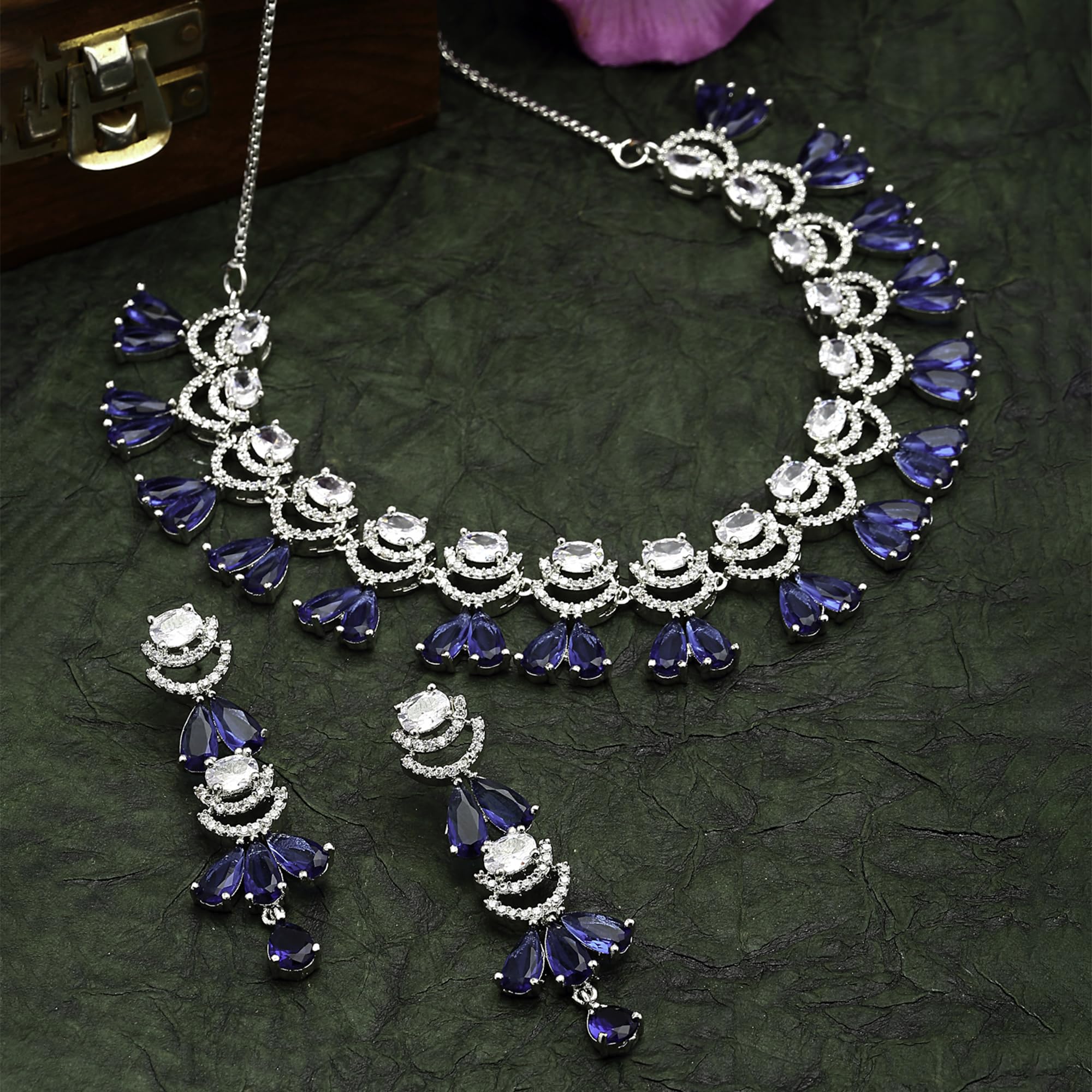 Rhodium-Plated American Diamond Necklace & Earrings Set
