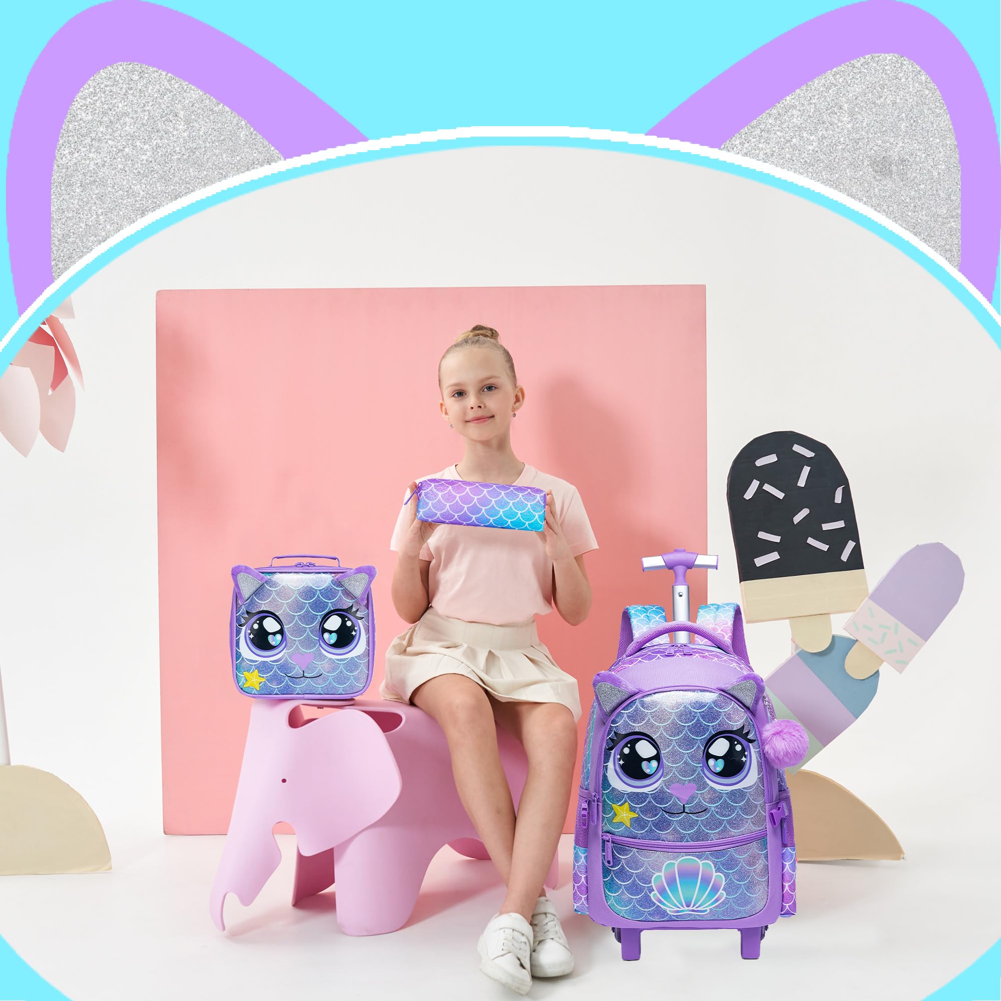 HTgroce Schulranzen Mit Rollen Schulranzen Trolley Mädchen Einhorn Rucksack Mit Rollen Rolling Backpack School Bag Trolley Grundschüle Kinderkoffer ab 6 Jahren