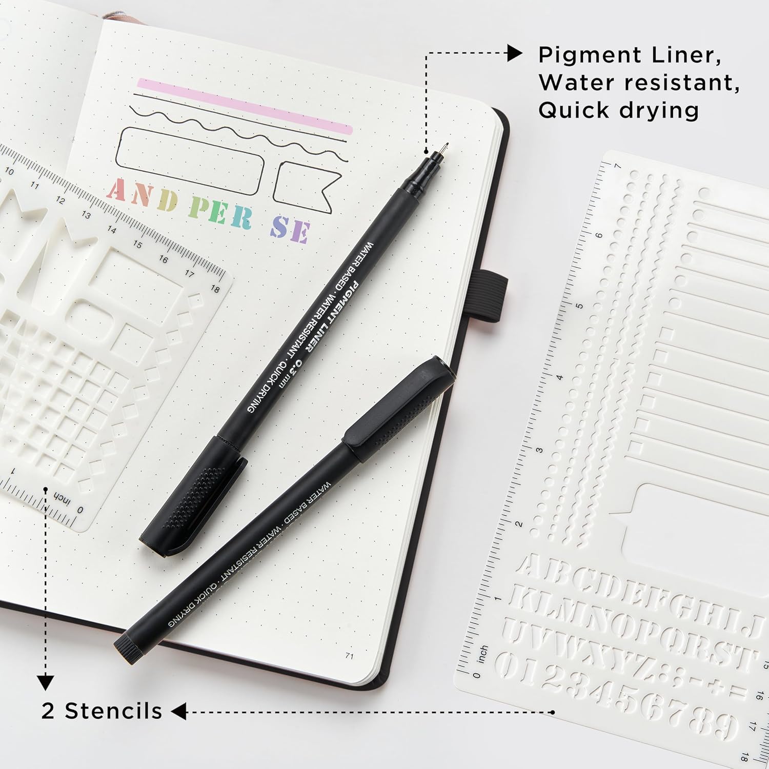 &And Per Se Dotted Notebook, A5 Hardcover with Journal Dotted Pages, Journal Stencils & Pen, 176 Numbered Pages for Beginners Women Men (Cyan)