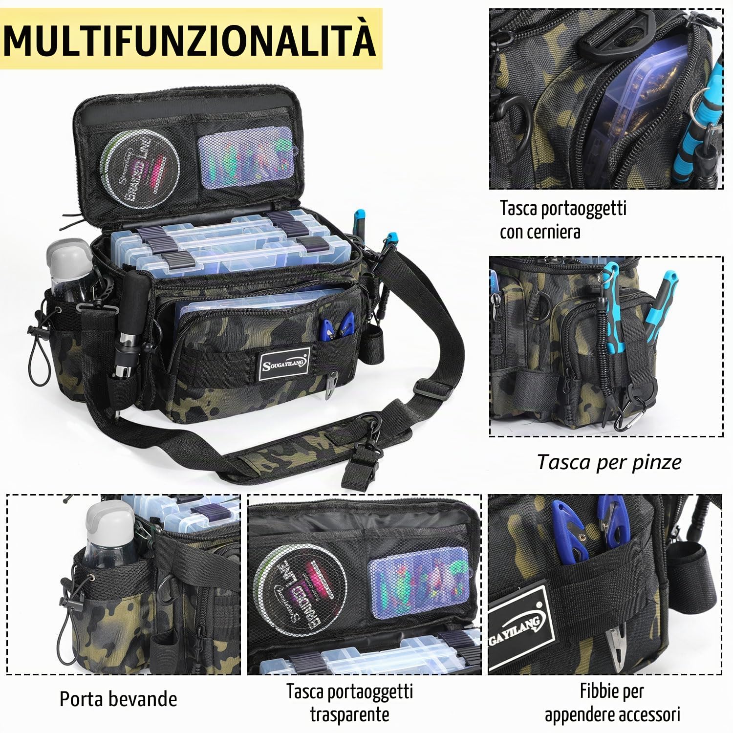 Sougayilang - Borsa da pesca, borsa per attrezzatura da pesca per pesca in acqua salata o dolce - Può contenere esca, cibo per pesci, mulinelli da pesca, ecc., tracolla imbottita - Borsa per scatola