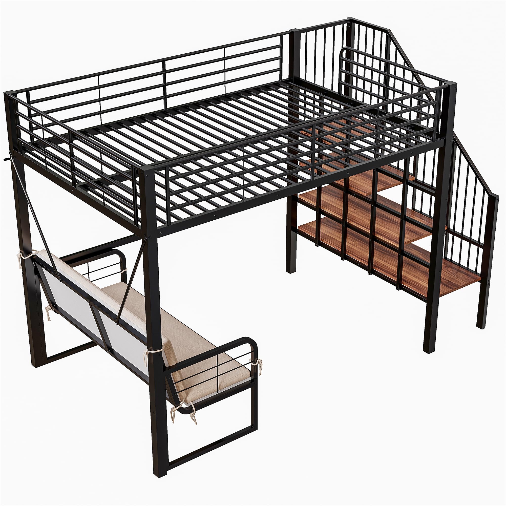 Cama altillo 140x200, litera doble de hierro con sofá cama extraíble, espacio de almacenamiento y escalera de seguridad, cama entrepiso de 2 plazas para familias numerosas