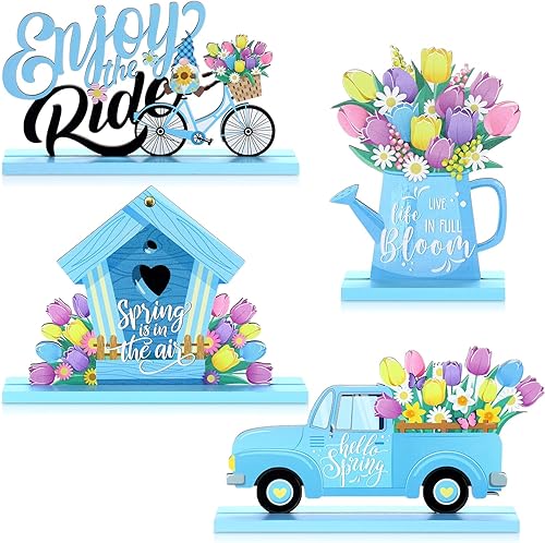 4 piezas de decoración de mesa de girasol de verano con texto en inglés "Hello Summer" para centros de mesa de verano, letreros de madera para el