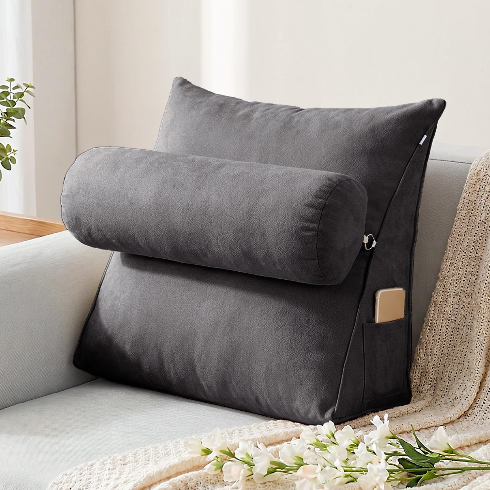 Cuscino da Lettura per Letto, Schienale Letto con Poggiatesta Regolabile 3 Posizioni, Cuscino Schienale Divano in Velluto Coreano con Tasche, Fodera Rimovibile,Blackgray,60X50X20CM