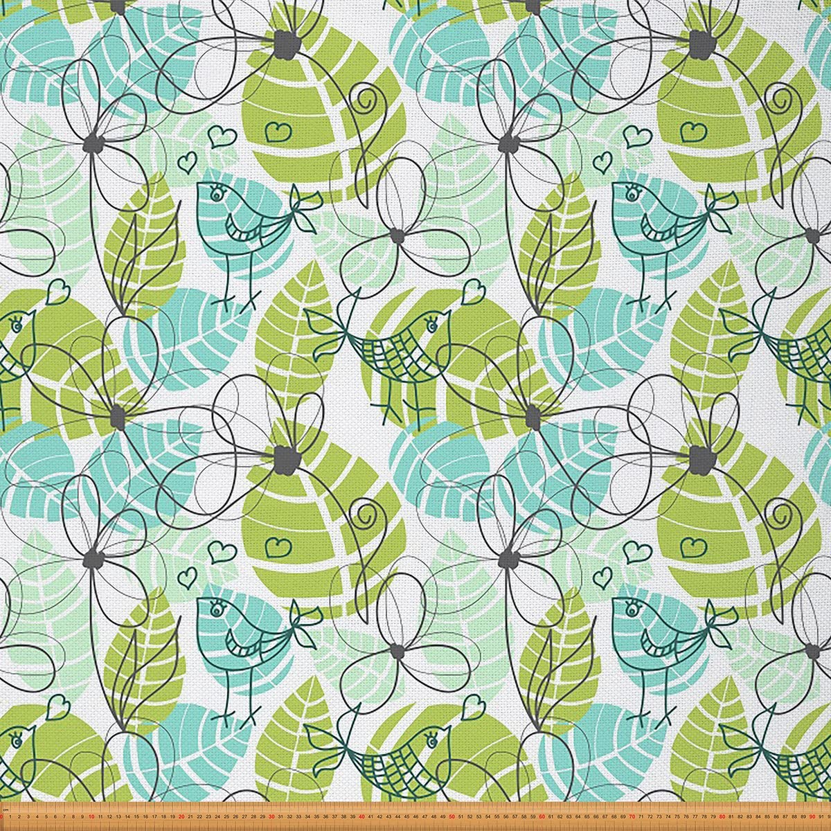 Leaves Fabric by The Yard,Doodle Birds and Flowers Reupholstery Fabric for Chairs,Nature Leaf Floral Animal Waterproof Outdoor Fabric,5 Yards,(L460*W150cm) Green Teal — image 1