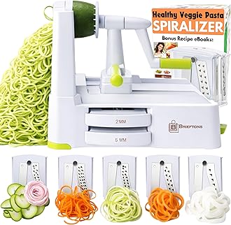 – Brieftons 5-Blade Vegetable Spiralizer: Strongest-Heaviest Spiral Slicer, Best Veggie Pasta Spaghetti Maker for Low Carb/Paleo/Gluten-Free/Vegan Meals, with Extra Blade Caddy, 4 Recipe Ebooks
