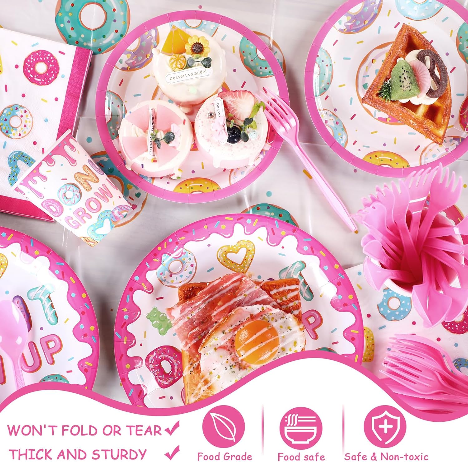 Tiamon 171 Pcs Candyland Donut Party Decorations for 24 Guest Candy Themed Party Decorations Include Plates Napkins Cup Banner Tablecloth Knife Fork Spoons Candy Land Grow up Birthday Decor(Donut) - Image 4