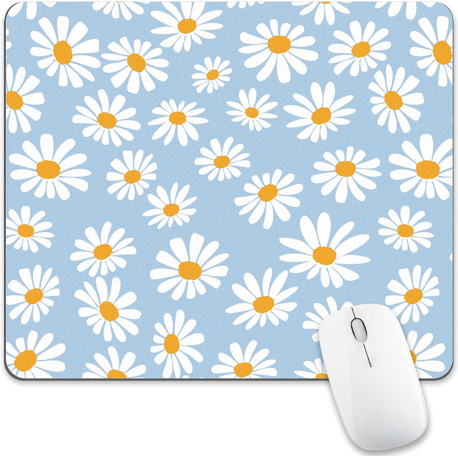 Light Blue Daisy Flower Mouse Pad Travel Cute Mousepad Pretty Floral Desk Mat Square Art Aesthetic Nature Plant Washable Accessories Computer Laptop Wireless Decorative Design Rubber Gaming Medium