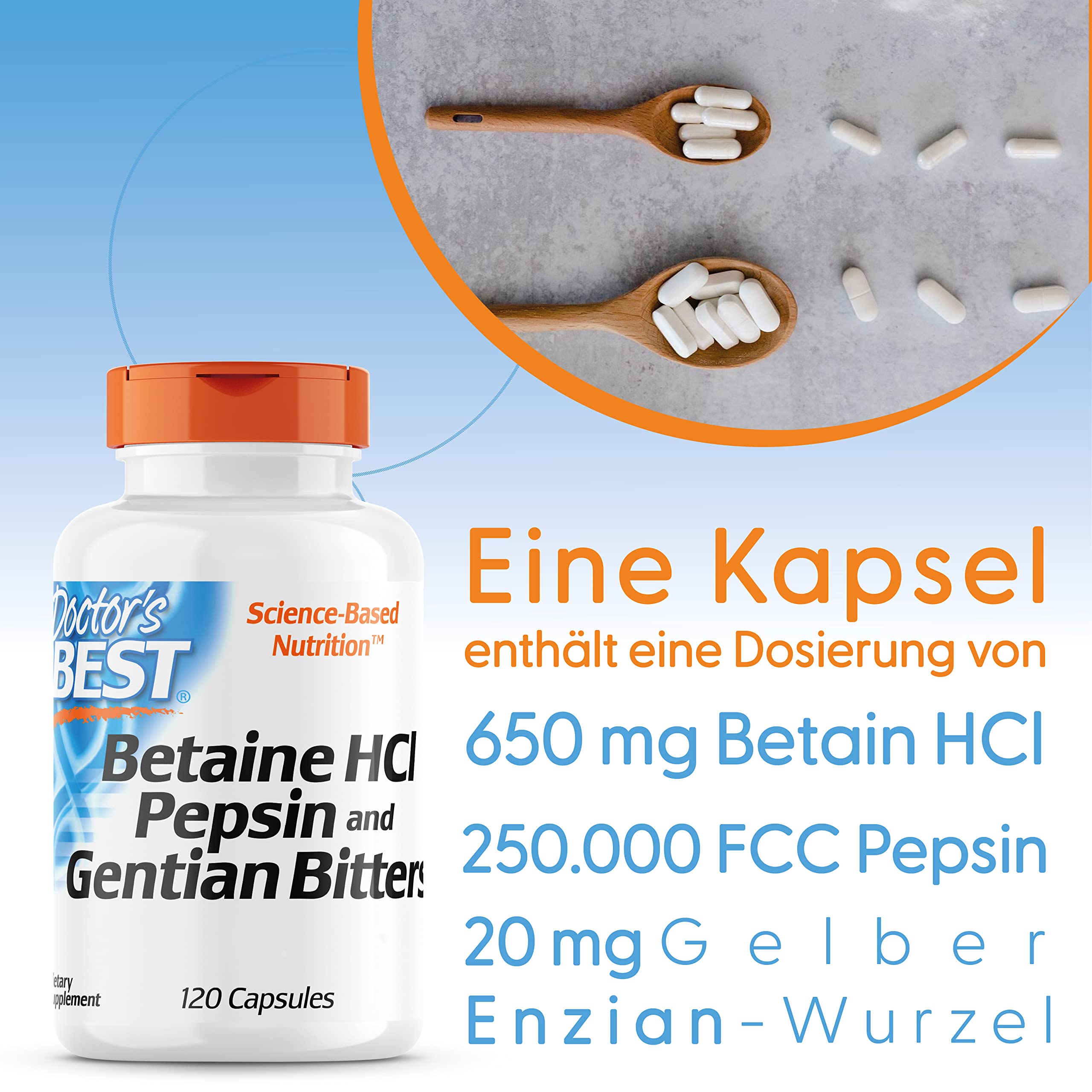DOCTOR'S BEST Betain HCI mit Pepsin und Bitter-Enzian, 650 mg, 120 Weichkapseln, Hochdosiert, Laborgeprüft, Sojafrei, Glutenfrei, Ohne Gentechnik, 113 g