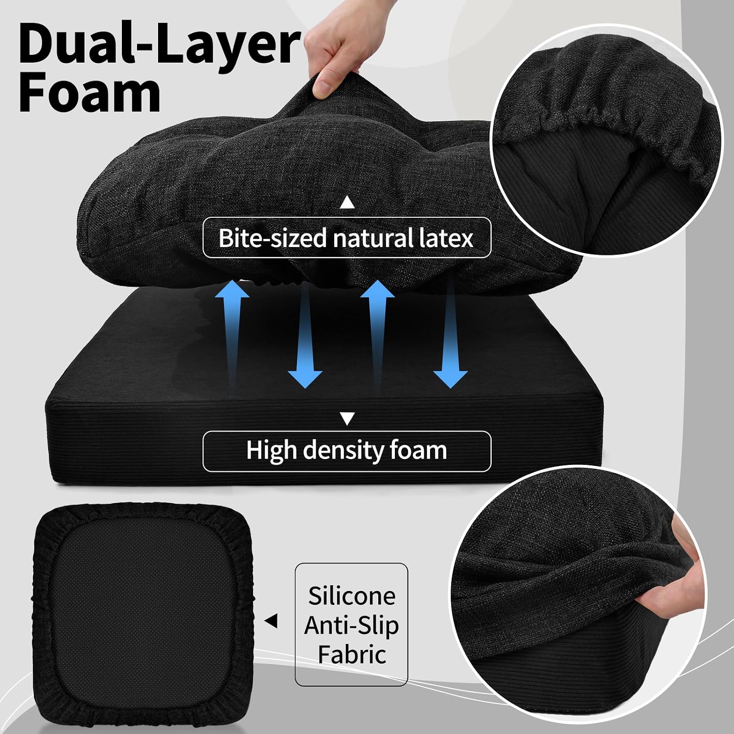 BUYUE Natural Latex Foam Support Chair Cushion for Elderly, 2-Tier Removable, 2-Faced Reversible Recliner Chair Pad Couch Armchair Seat Cushion Replacement, 20" x 20" x 5", Black