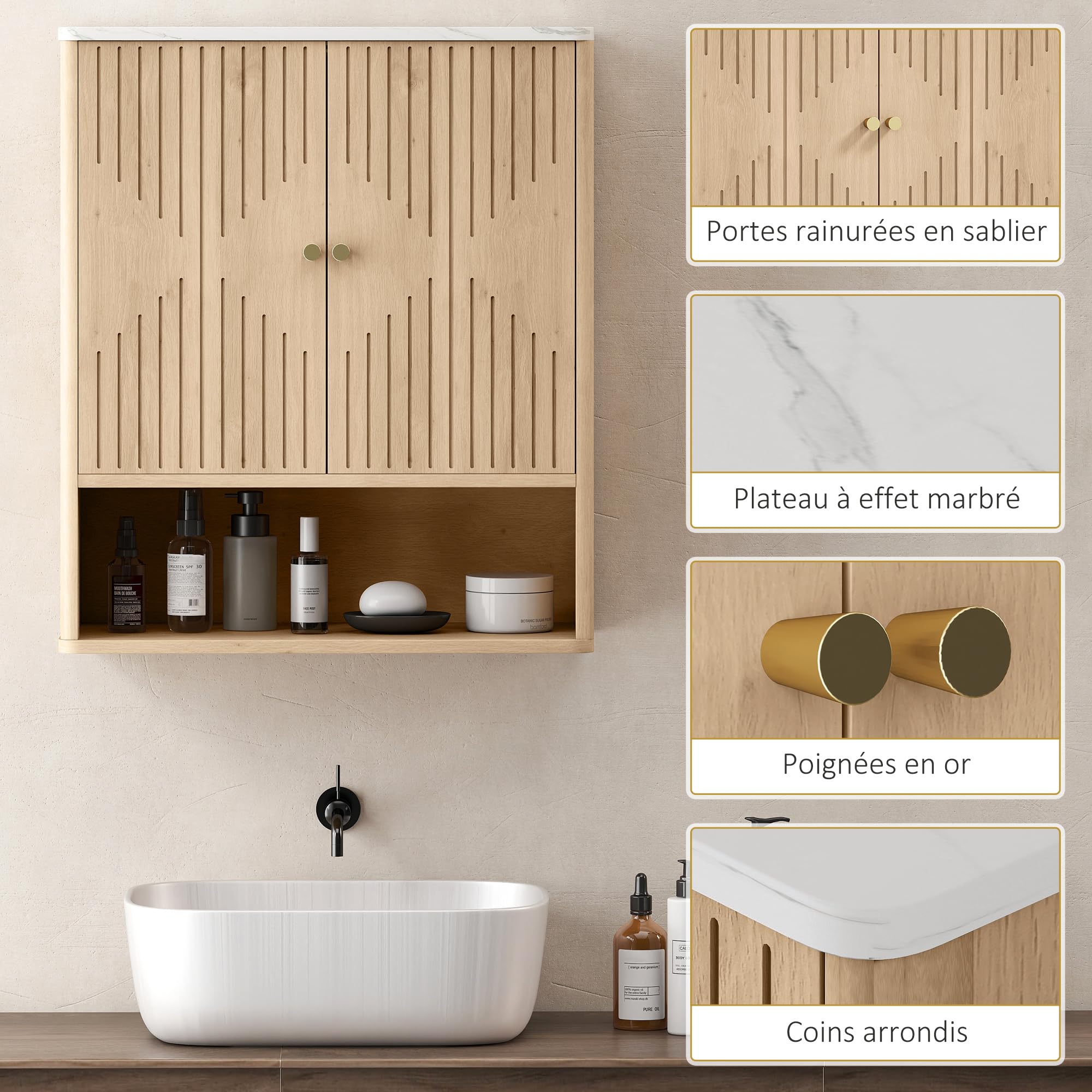 HOMCOM Armoire Murale de Salle de Bain, Meuble de Rangement avec Compartiment Ouvert et étagère réglable, Meuble Haut de Salle de Bain Portes à Motifs en Forme de sablier, 60 x 18 x 70 cm, chêne