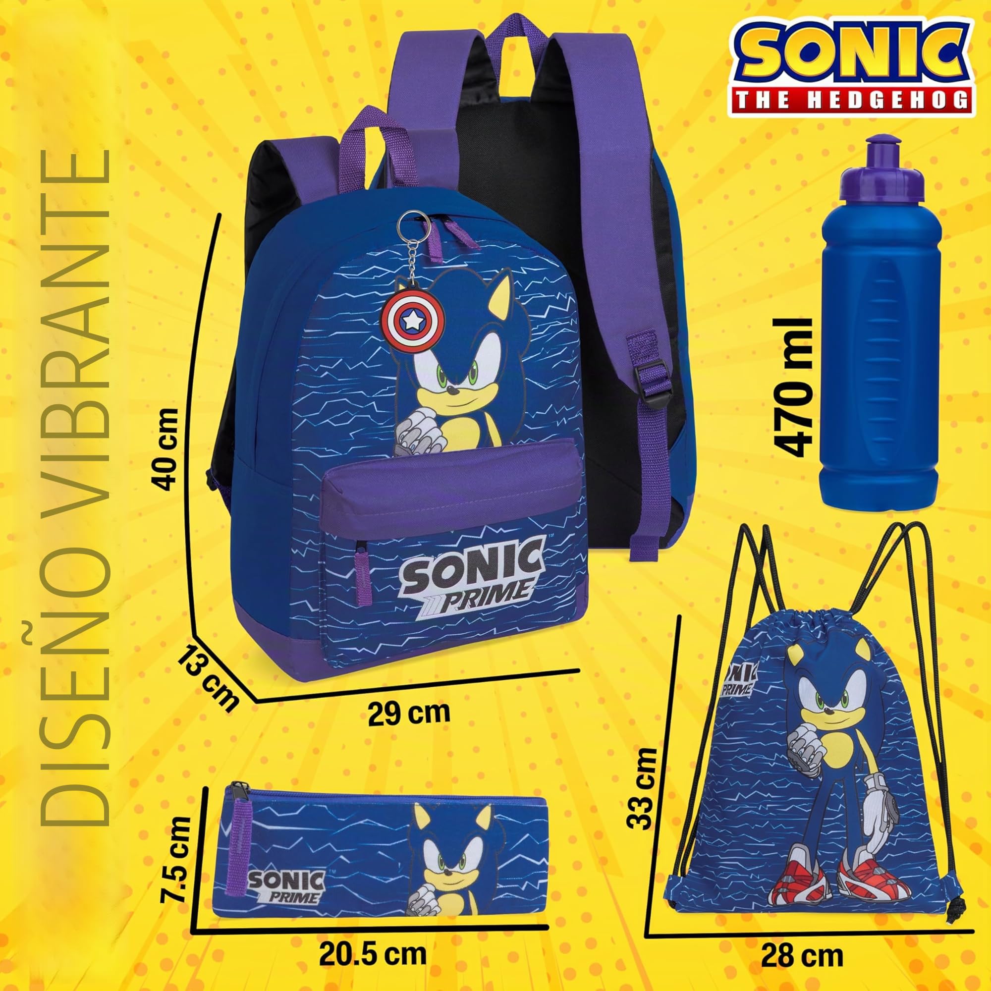 Sonic The Hedgehog Mochila Escolar Niño, Set Escolares de 4 Piezas con Mochila, Bolsa, Estuche y Botella Agua para Niños