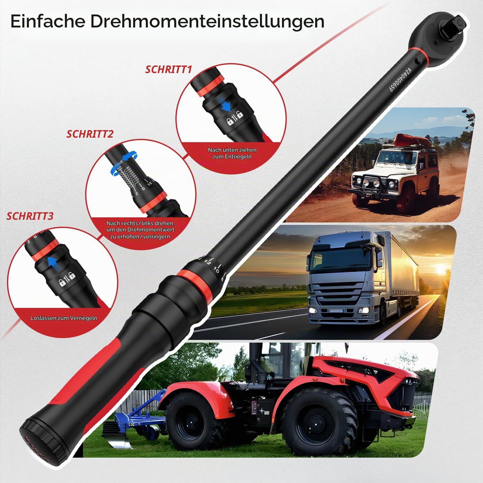 VANPO Drehmomentschlüssel 1/2 Zoll, 60–400 Nm für LKW, SUV, Auto, 72 Zähnen | ±3% Genauigkeit, 55.6cm Hebelarm, Ergonomischer Griff,Präziser Klick, inkl.1/2" auf 3/8" Adapter, 125 mm Verlängerungsstange