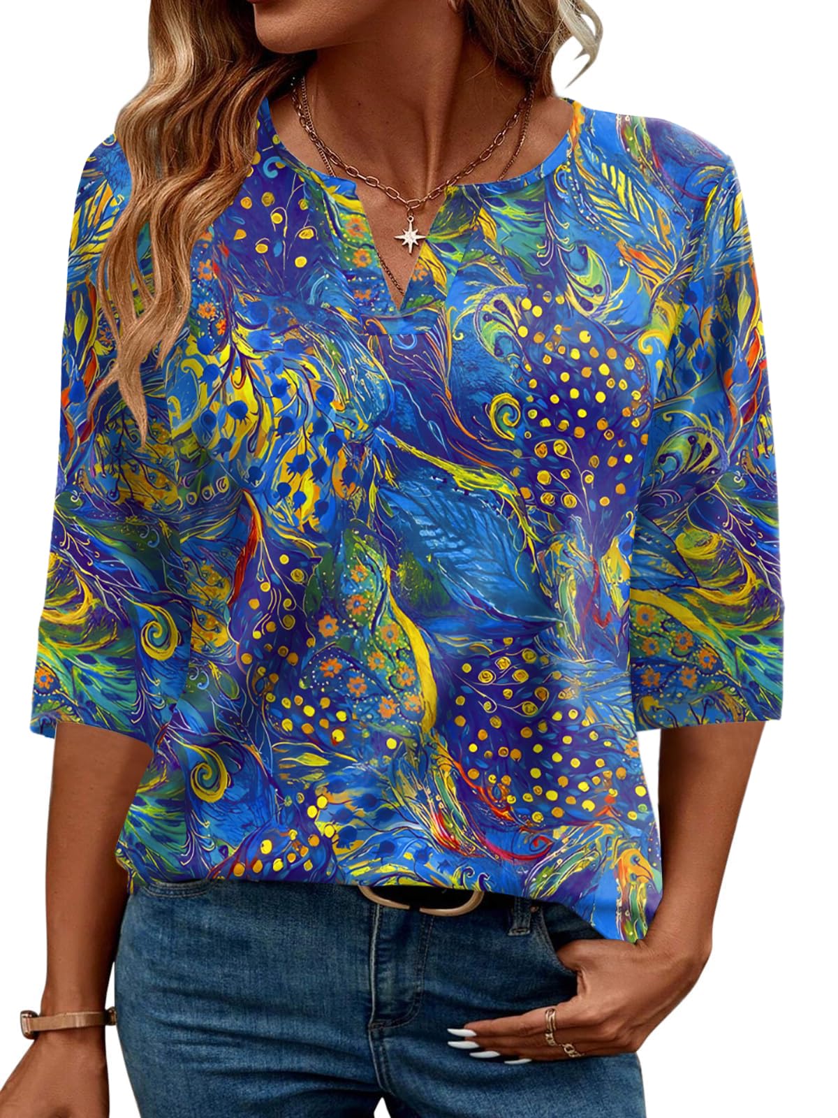Tisfeer Damen Bluse 3/4 Arm V-Ausschnitt Elegant Lässig Oberteil Tunika Sommer Tops Locker Shirt 2026