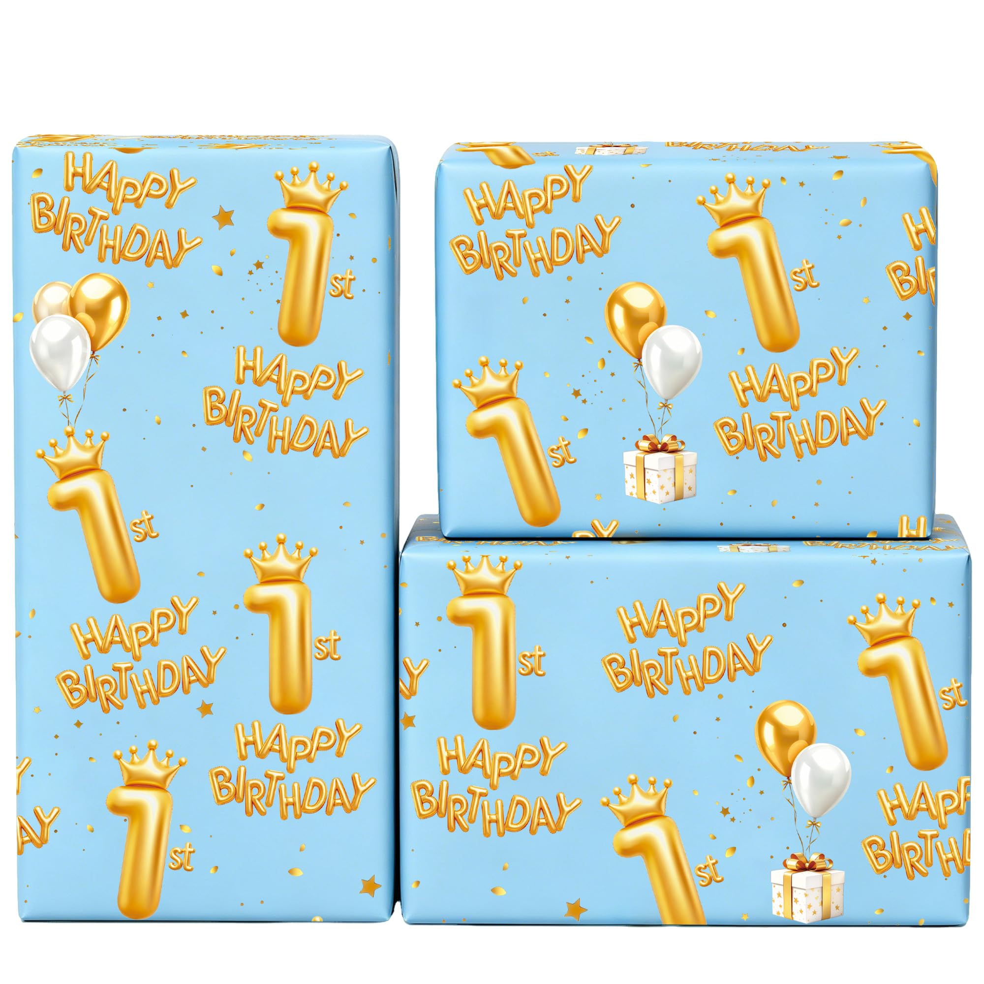 Xenray 1st Wrapping Paper,5 sheets Blue Birthday Paper,50x70cm One Year Old Birthday Gift Wrap for Boy and Girl Birthday Party