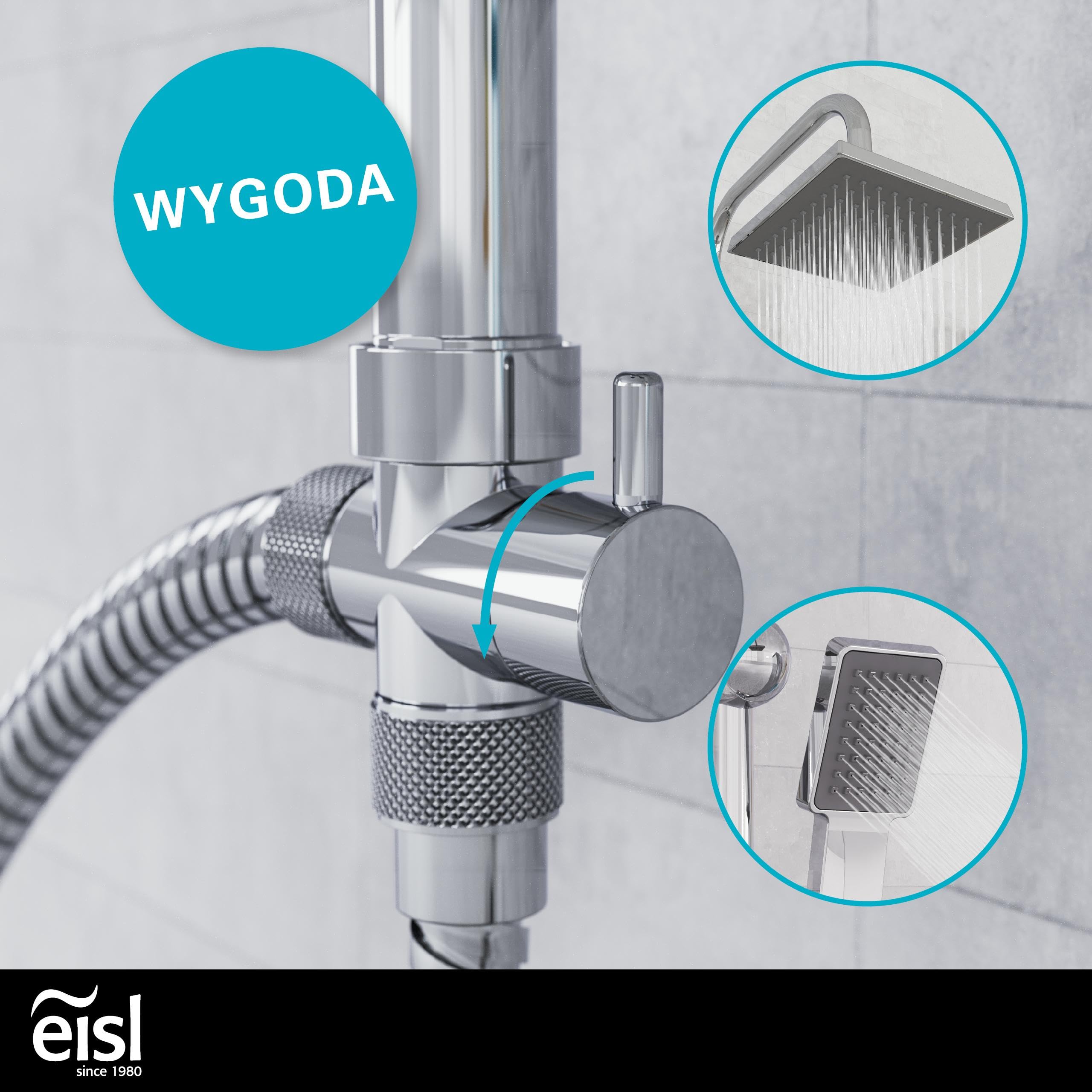 Zestaw prysznicowy EISL EASY ENERGY, system prysznicowy 2 w 1 z dużą głowicą prysznicową (170 x 170 mm) i główką prysznicową, głowica prysznicowa bez termostatu