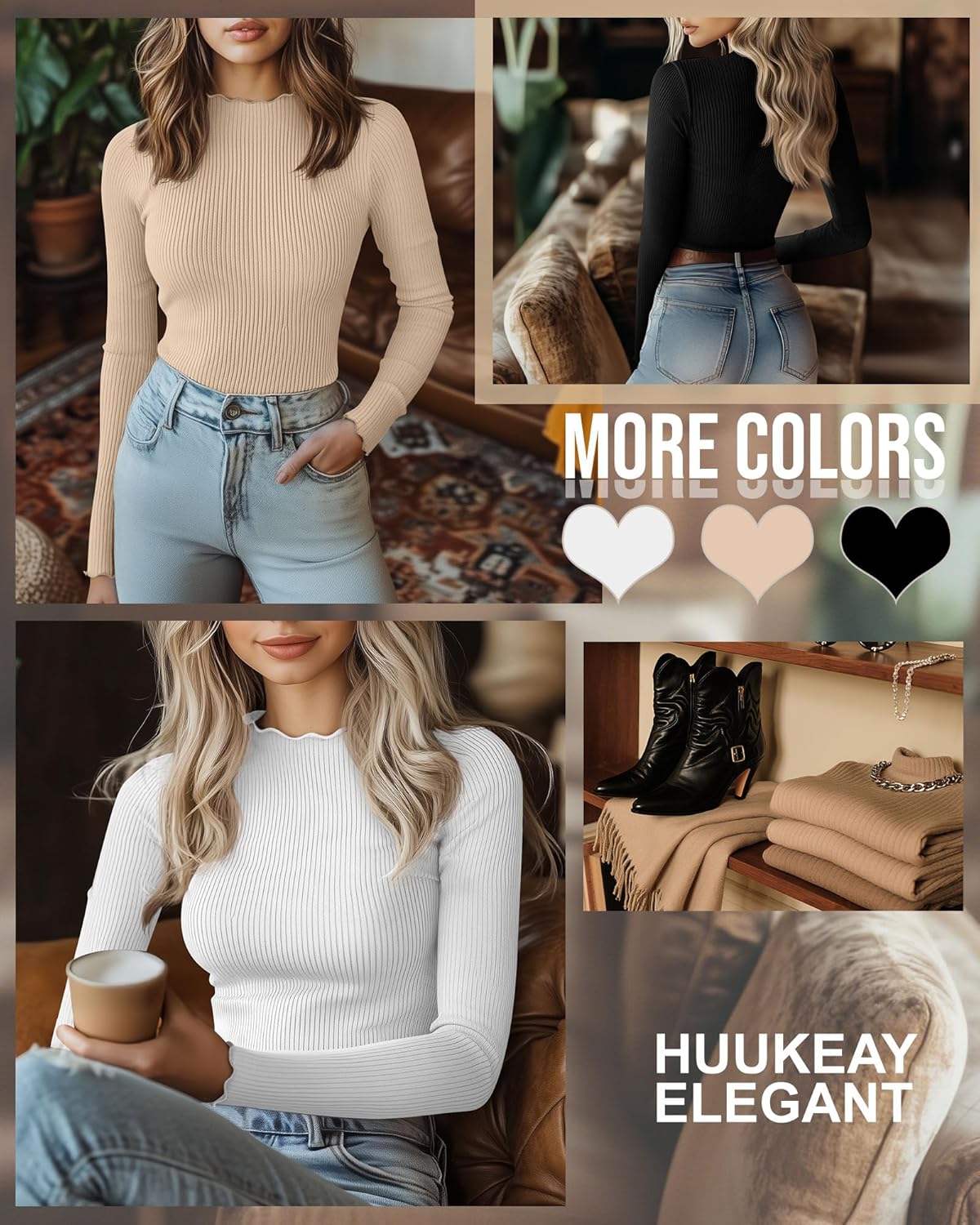 Huukeay 3 Pack Women's Ribbed Mock Turtleneck Shirts Cotton Long Sleeve Tops Lettuce Trim Slim Fit Soft Tees for Layering - Image 2