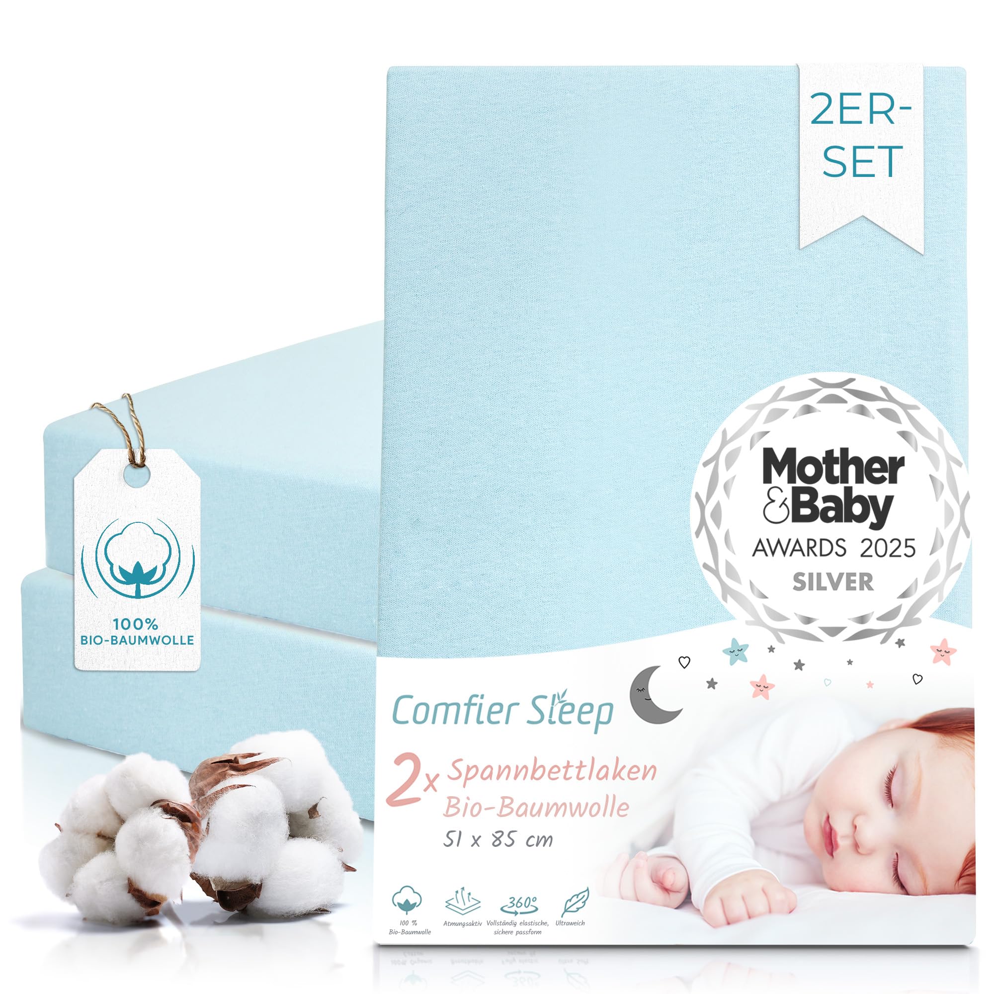 Spannbettlaken Kinderwagen 51x85 – 2er-Set Blau Spannbettlaken aus Bio-Baumwolle – Waschbar & Atmungsaktiv – für Kinderwagenmatratze
