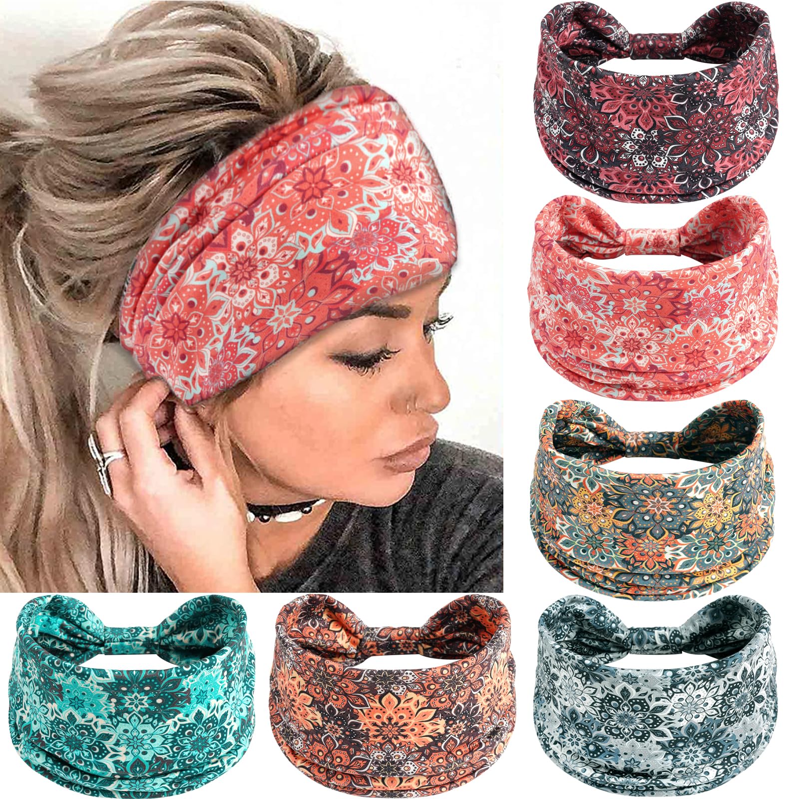SAWINDA 6 Pack Boho Flower Print Headbands for Women Wide Twist Knotted Head Bands Elastic Non-Slip Hair Bands Vintage Head Wraps Turbans Yoga Workout