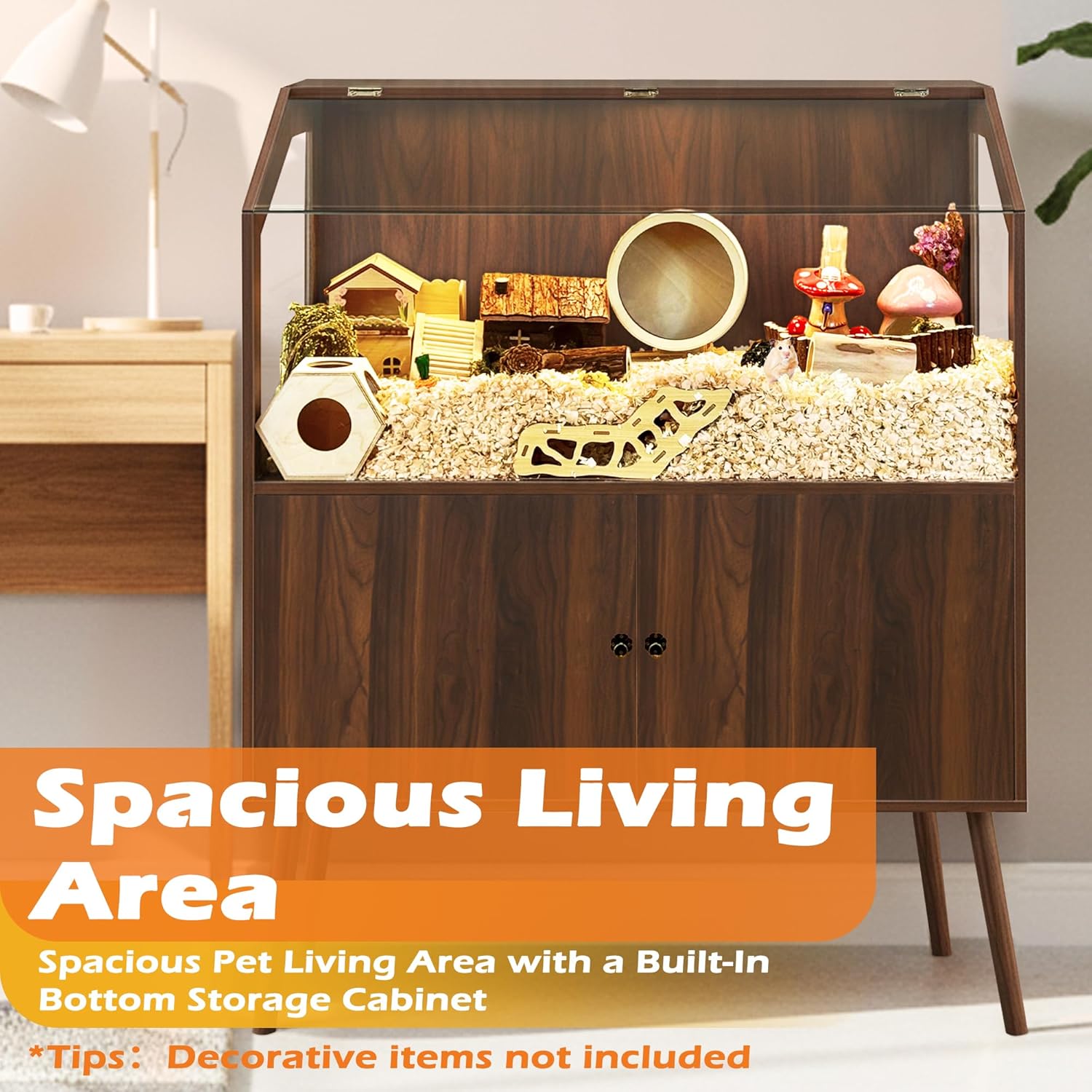 PROLEE Hamster Cage with Storage Cabinet,Large Hamster Encloure Chew Proof Wood,Clear View Hamster Habitat for Guinea Pig, Ferret, Rat, Hedgehog，47“ X 40” X 20“ (Walnut)