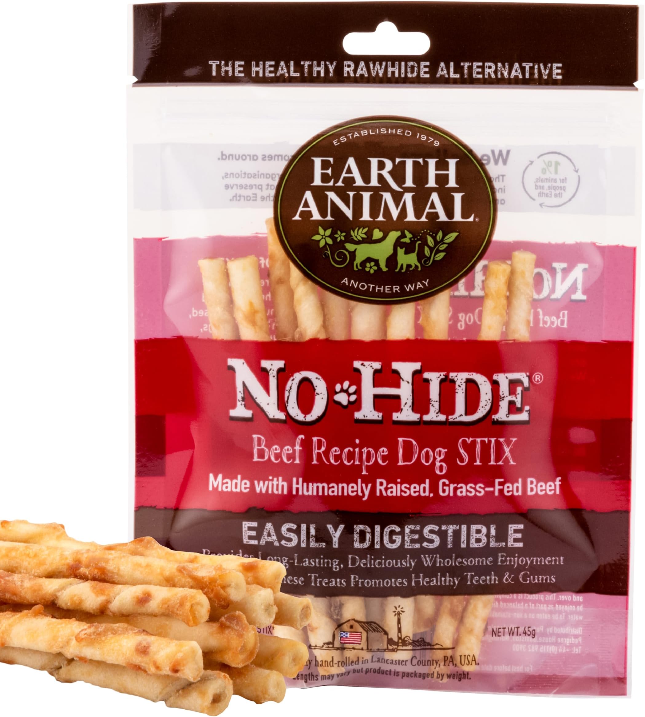 Earth Animal No Hide Dog Chews Natural Long Lasting Dental Sticks for Small Dogs Training Treat Gift - Beef, Stix, 10 Pack (45g)