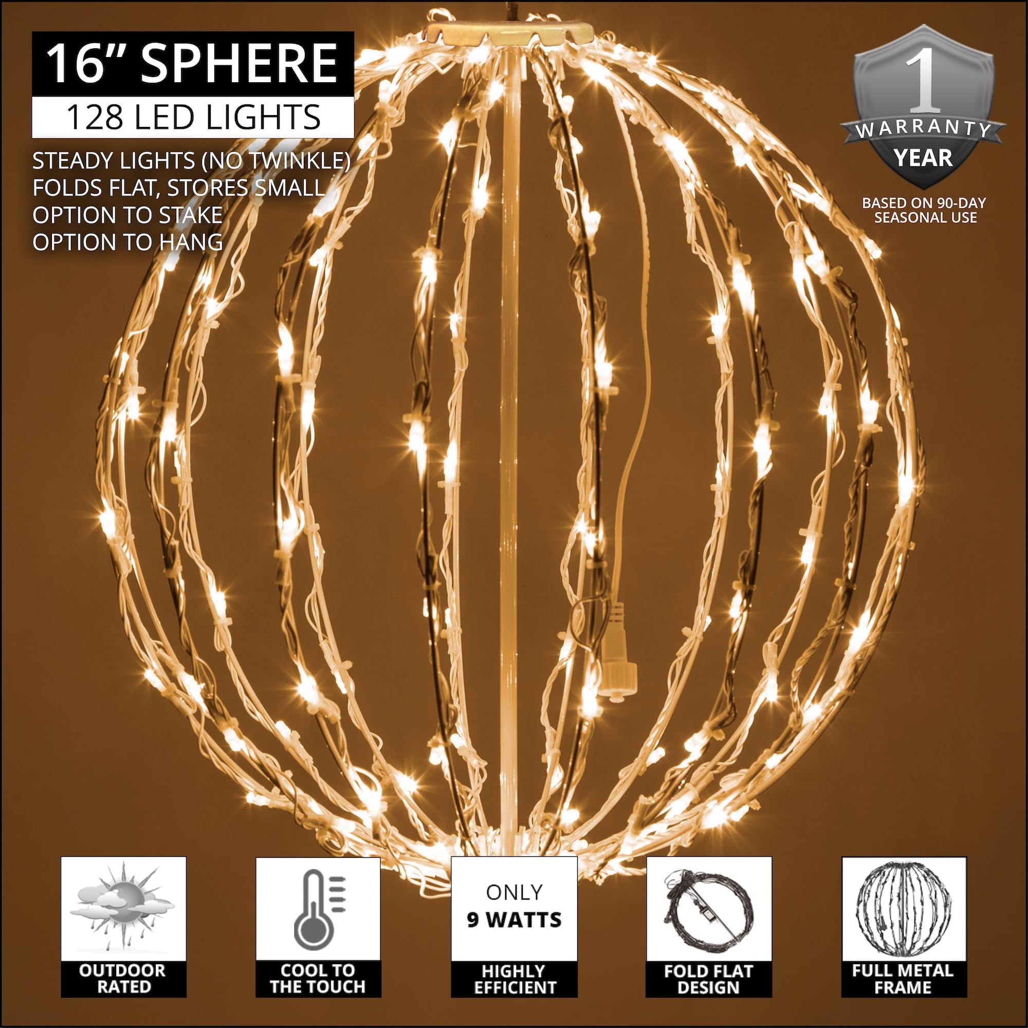 LED Ball - Indoor/Outdoor Christmas Light Spheres, Fold Flat Metal Frame (16