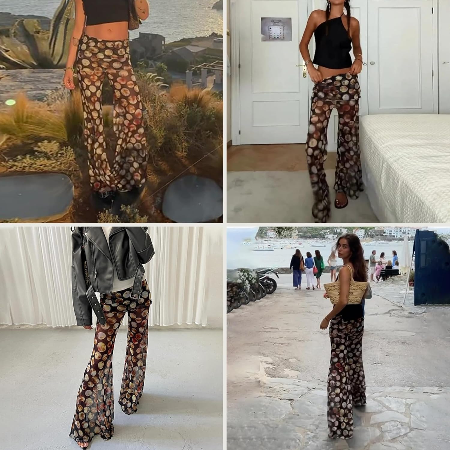 Women Rave Mesh Sheer Pants Flared Bell Bottom Pants for Dance Festival Clubwear