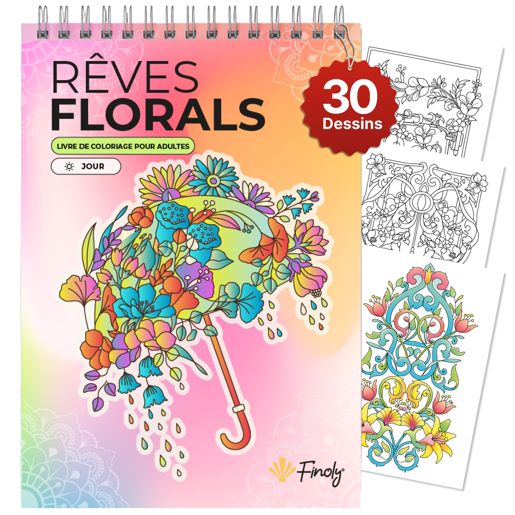 Finoly Livre Coloriage Adulte Fleurs A4 Réduit le Stress | Mandalas a Colorier Adulte Débutants et Confirmés | Coloriage Mandala Adulte Mindfulness Anti Stress Encre qui ne Transperce Pas (Jour)