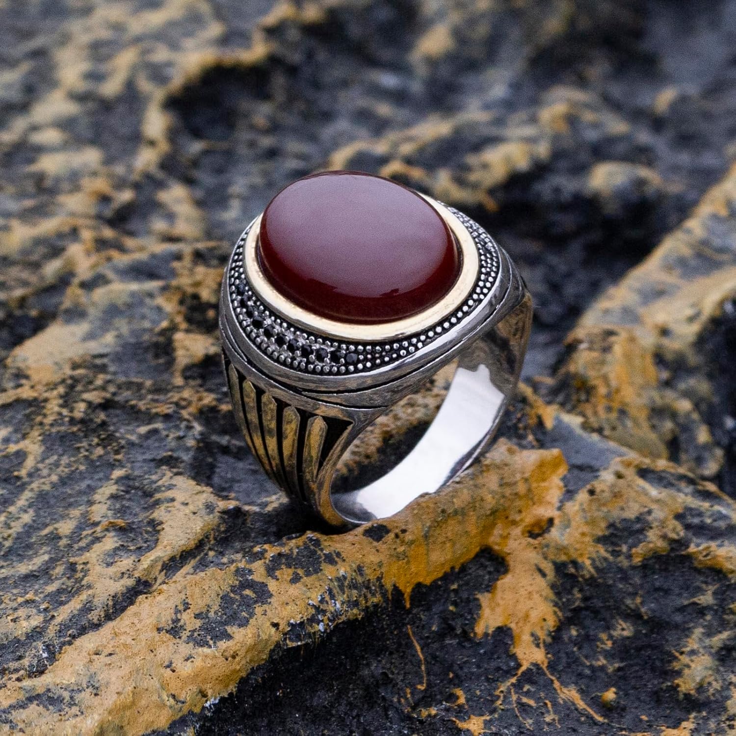 925 Sterling Silver Men's Ring Natural Red Onyx Ring for Men Fashion Signet Rings with Natural Red Agate Stone Turkish Cool Handmade Luxury Jewelry Gift for Him - Image 6