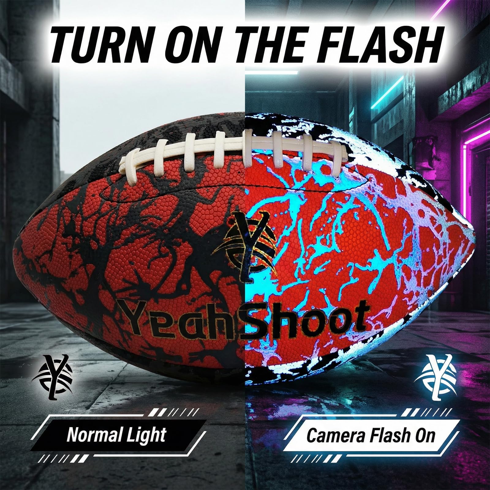 Holografischer reflektierender Fußball, Größe 9, leuchtet im Dunkeln, hochwertiger American Football mit atemberaubendem leuchtenden Rugby-Griff, für Sportfans